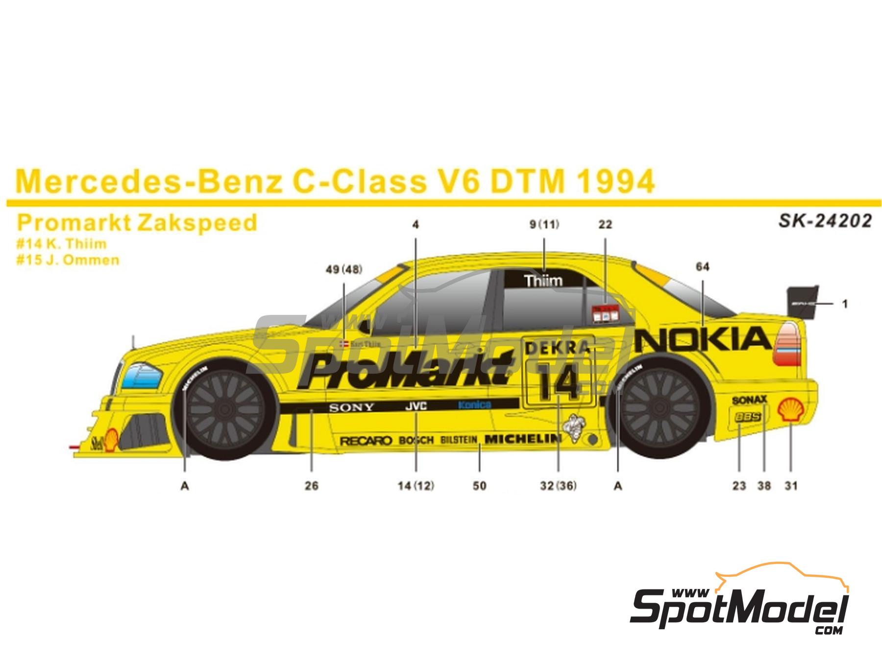 Image 1: Mercedes-Benz C-Class V6 Zakspeed Team sponsored by Promarkt - DTM - Deutsche Tourenwagen Masters 1994 | Marking / livery in 1/24 scale manufactured by SK Decals (ref.&nbsp;SK-24202, also SK24202)