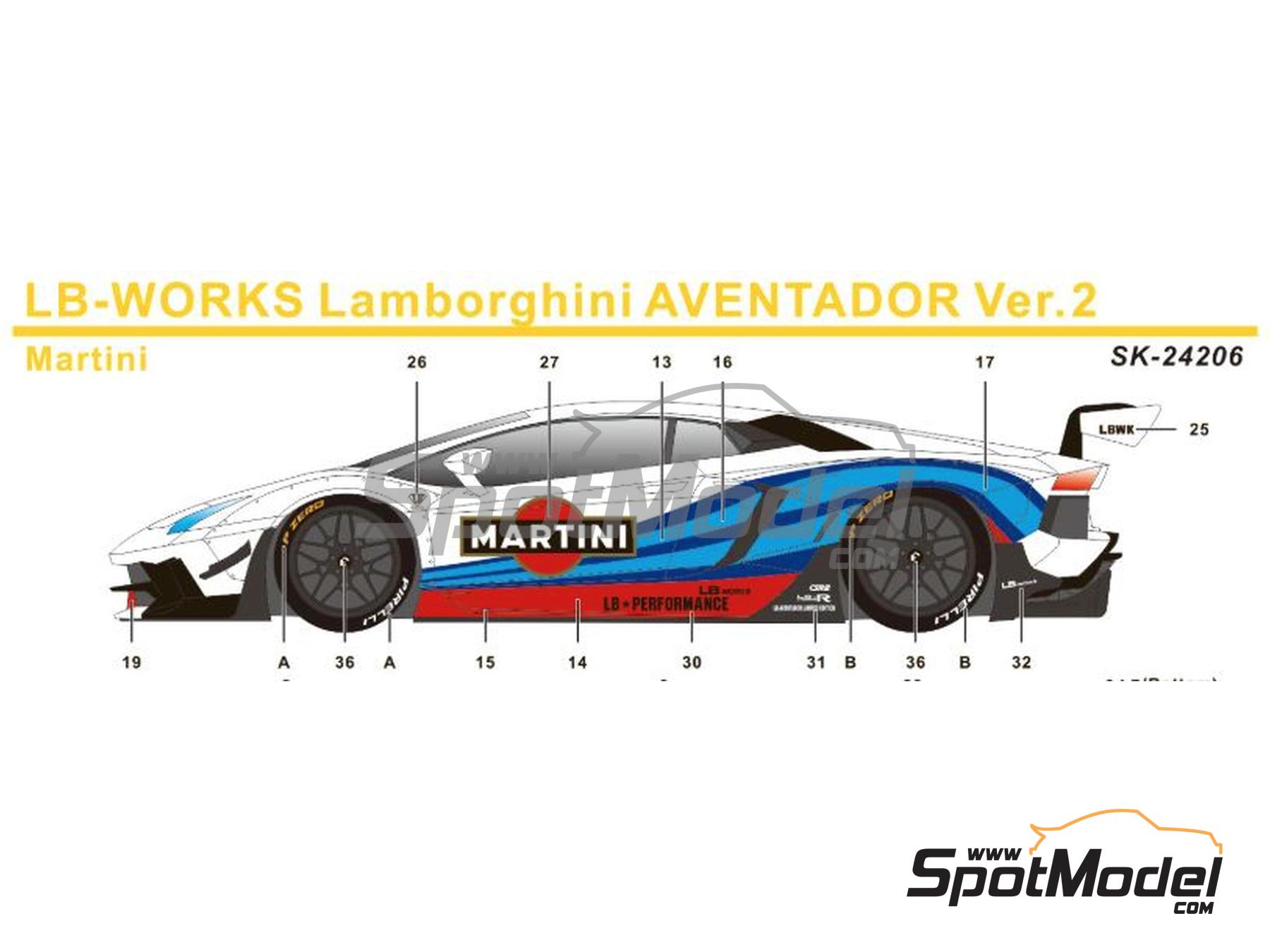 Image 1: Lamborghini Aventador Liberty Walk LB Works Version 2 sponsored by Martini | Marking / livery in 1/24 scale manufactured by SK Decals (ref.&nbsp;SK-24206, also SK24206)