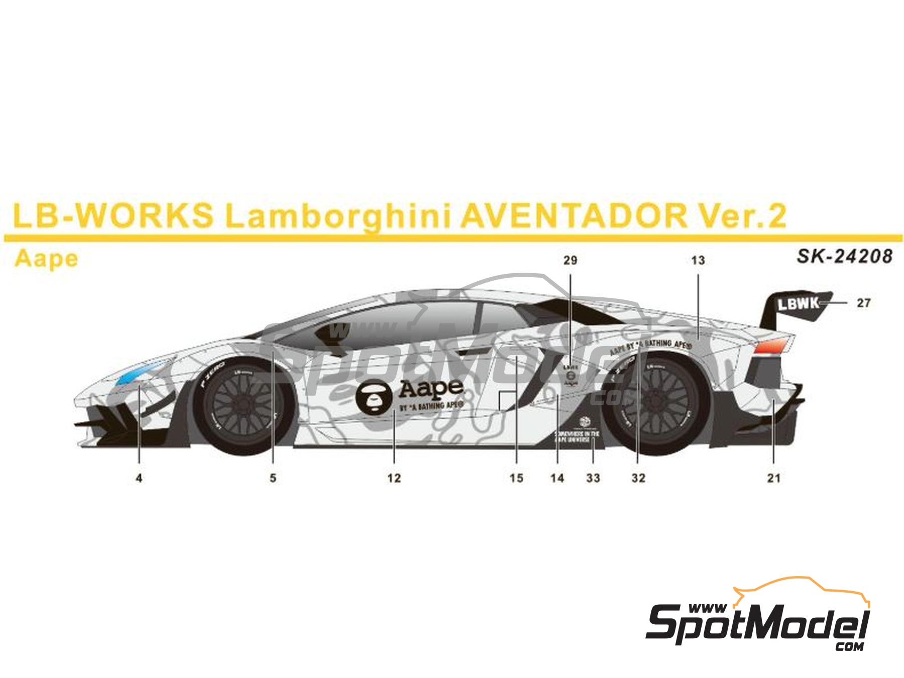 Image 1: Lamborghini Aventador Liberty Walk LB Works Version 2 patrocinado por Aape | Decoraci&oacute;n en escala&nbsp;1/24 fabricado por SK Decals (ref.&nbsp;SK-24208, tambien SK24208)