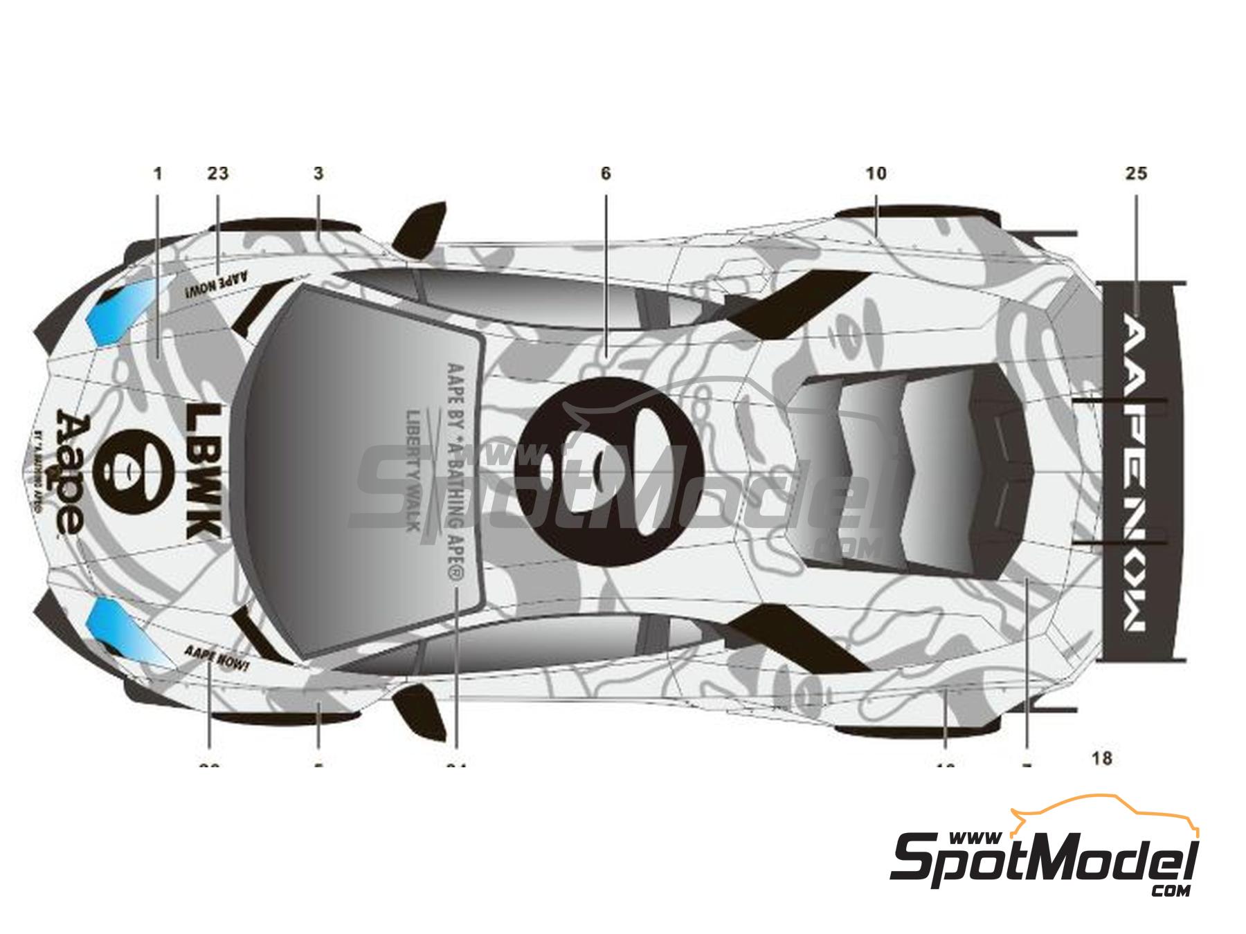 Image 2: Lamborghini Aventador Liberty Walk LB Works Version 2 patrocinado por Aape | Decoraci&oacute;n en escala&nbsp;1/24 fabricado por SK Decals (ref.&nbsp;SK-24208, tambien SK24208)