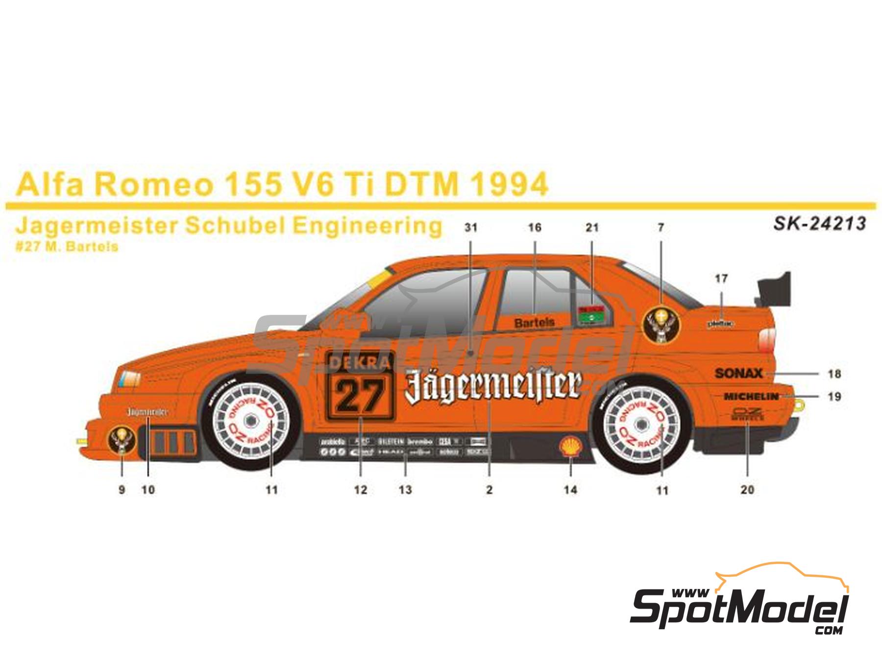 Image 1: Alfa Romeo 155 V6 Ti Schübel Engineering Team sponsored by Jagermeister - DTM - Deutsche Tourenwagen Masters 1994 | Marking / livery in 1/24 scale manufactured by SK Decals (ref. SK-24213, also SK24213)