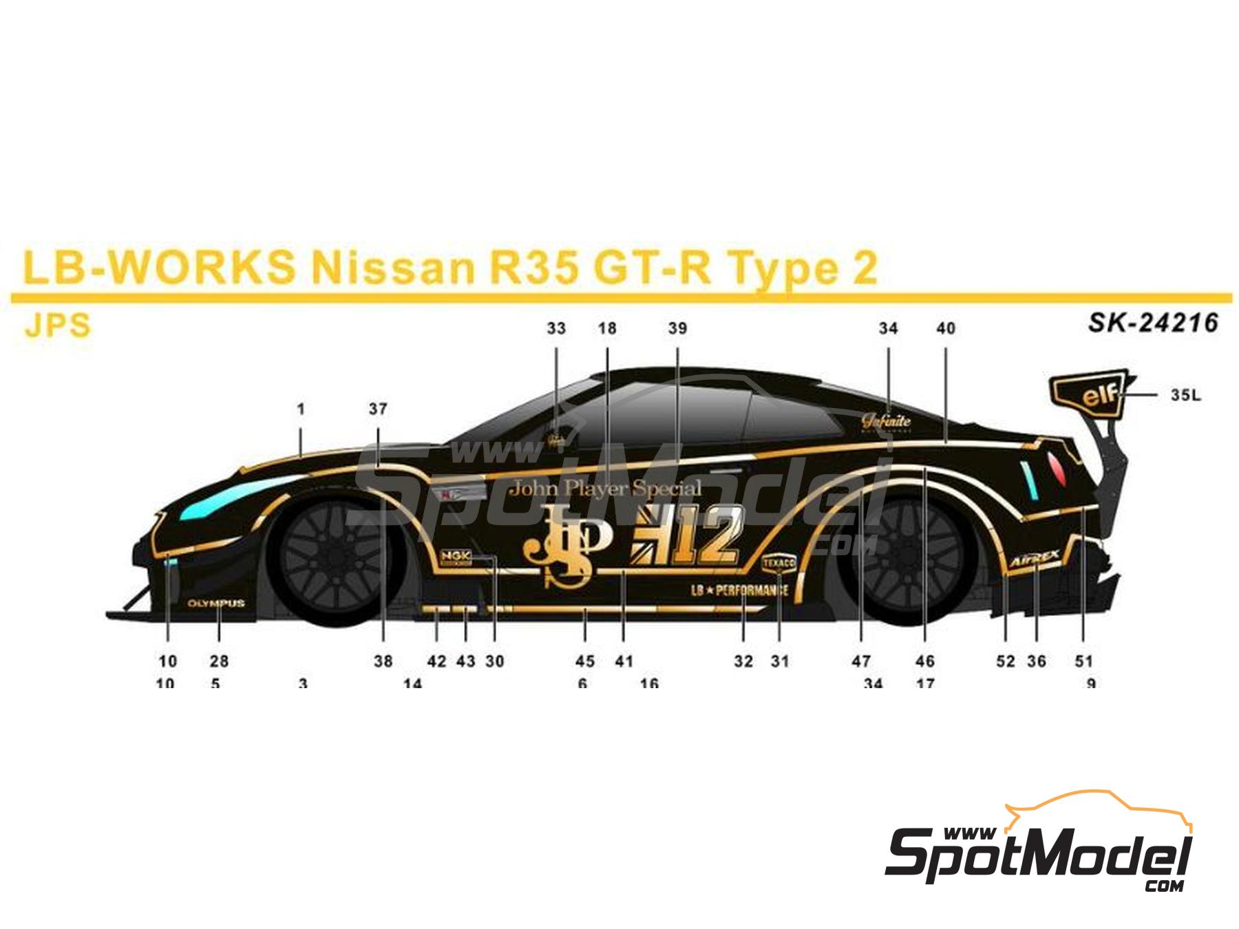 Image 1: Liberty Walk LB Works Nissan R35 GT-R Type 2 (Chrome and Carbon Version) sponsored by John Player Special | Marking / livery in 1/24 scale manufactured by SK Decals (ref. SK-24216)