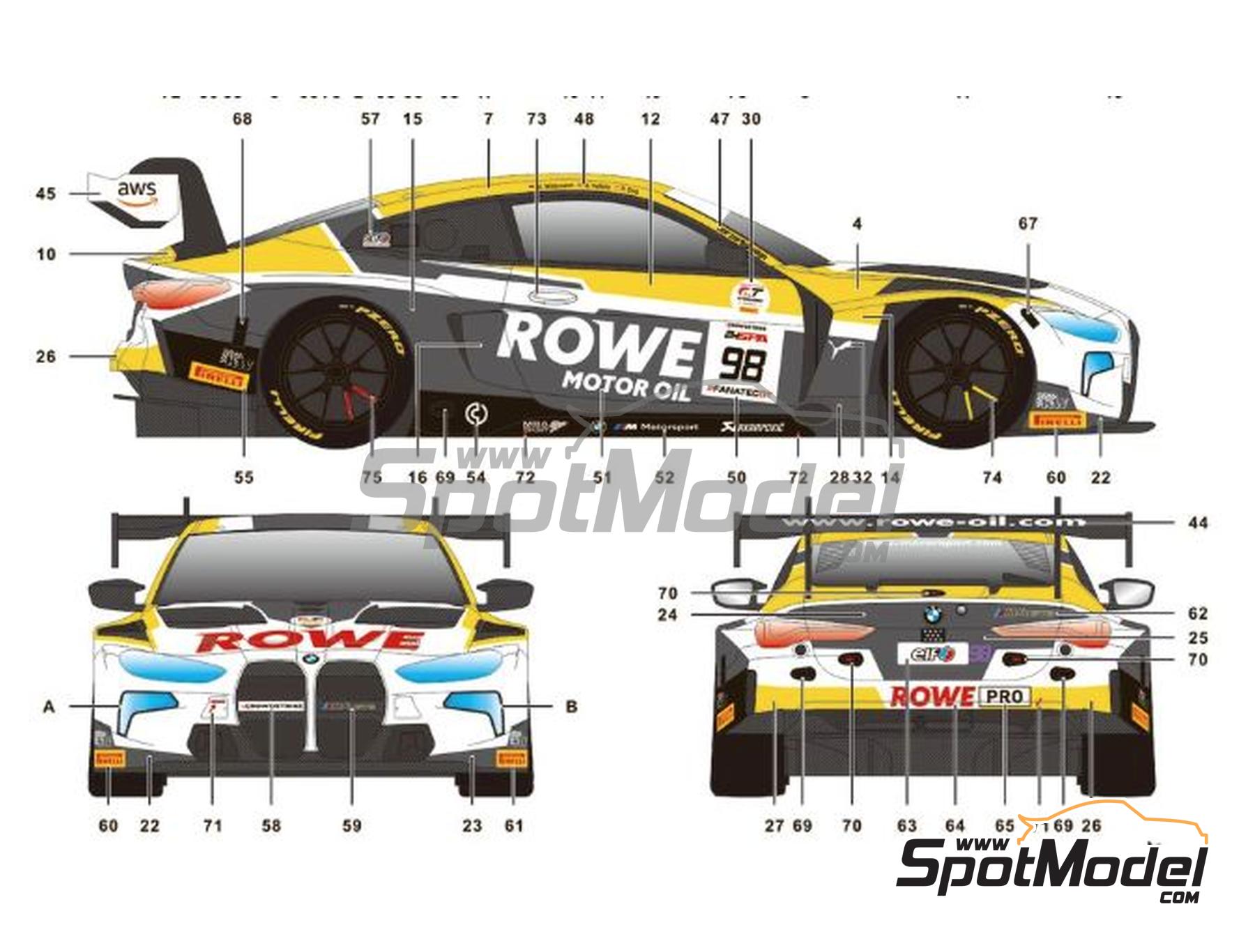 Image 3: BMW M4 GT3 Equipo Rowe Racing patrocinado por Rowe Motor Oil - CrowdStrike 24 Horas de Spa 2023 | Decoraci&oacute;n en escala&nbsp;1/24 fabricado por SK Decals (ref.&nbsp;SK-24224)
