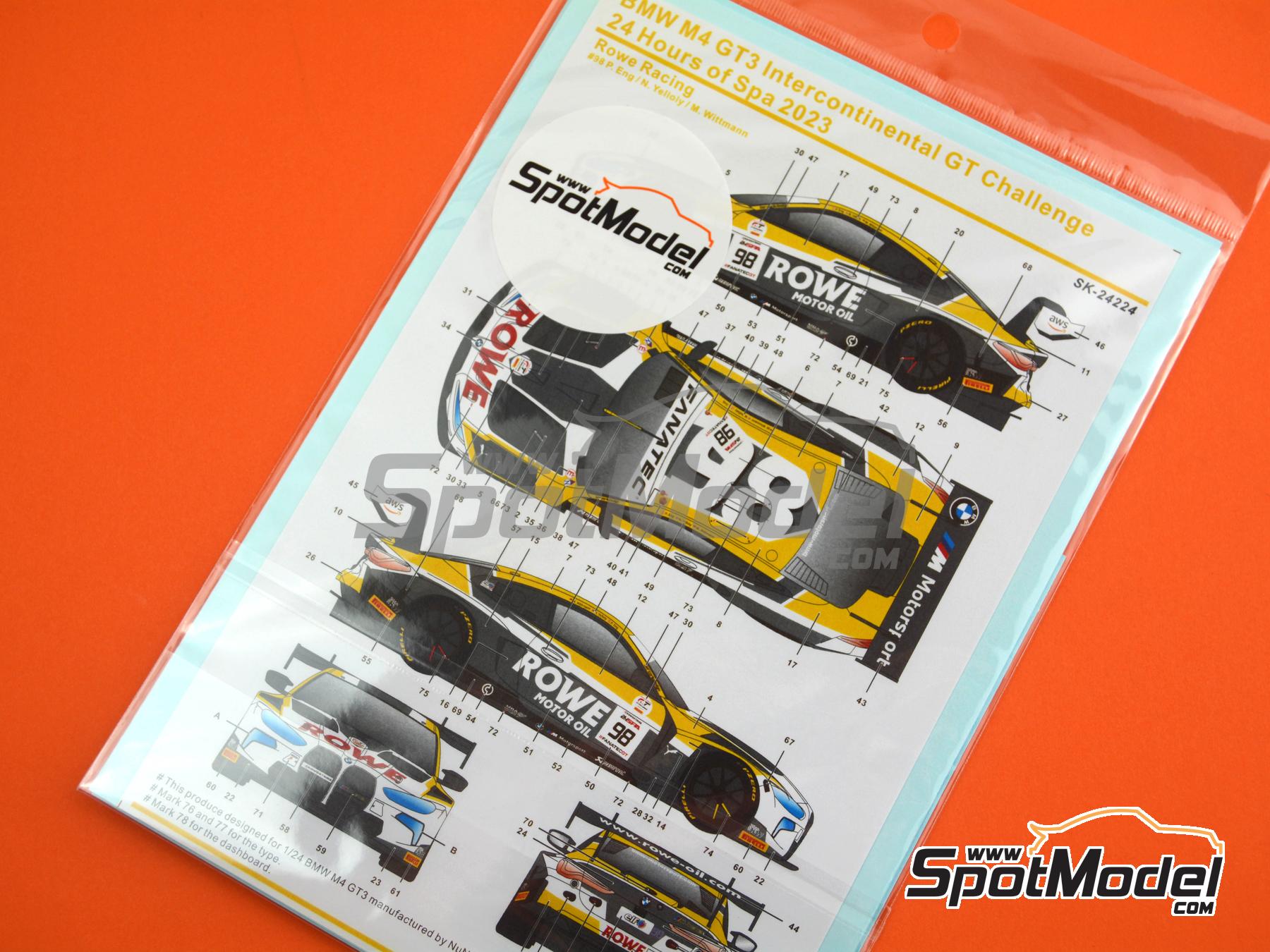 Image 6: BMW M4 GT3 Equipo Rowe Racing patrocinado por Rowe Motor Oil - CrowdStrike 24 Horas de Spa 2023 | Decoraci&oacute;n en escala&nbsp;1/24 fabricado por SK Decals (ref.&nbsp;SK-24224)