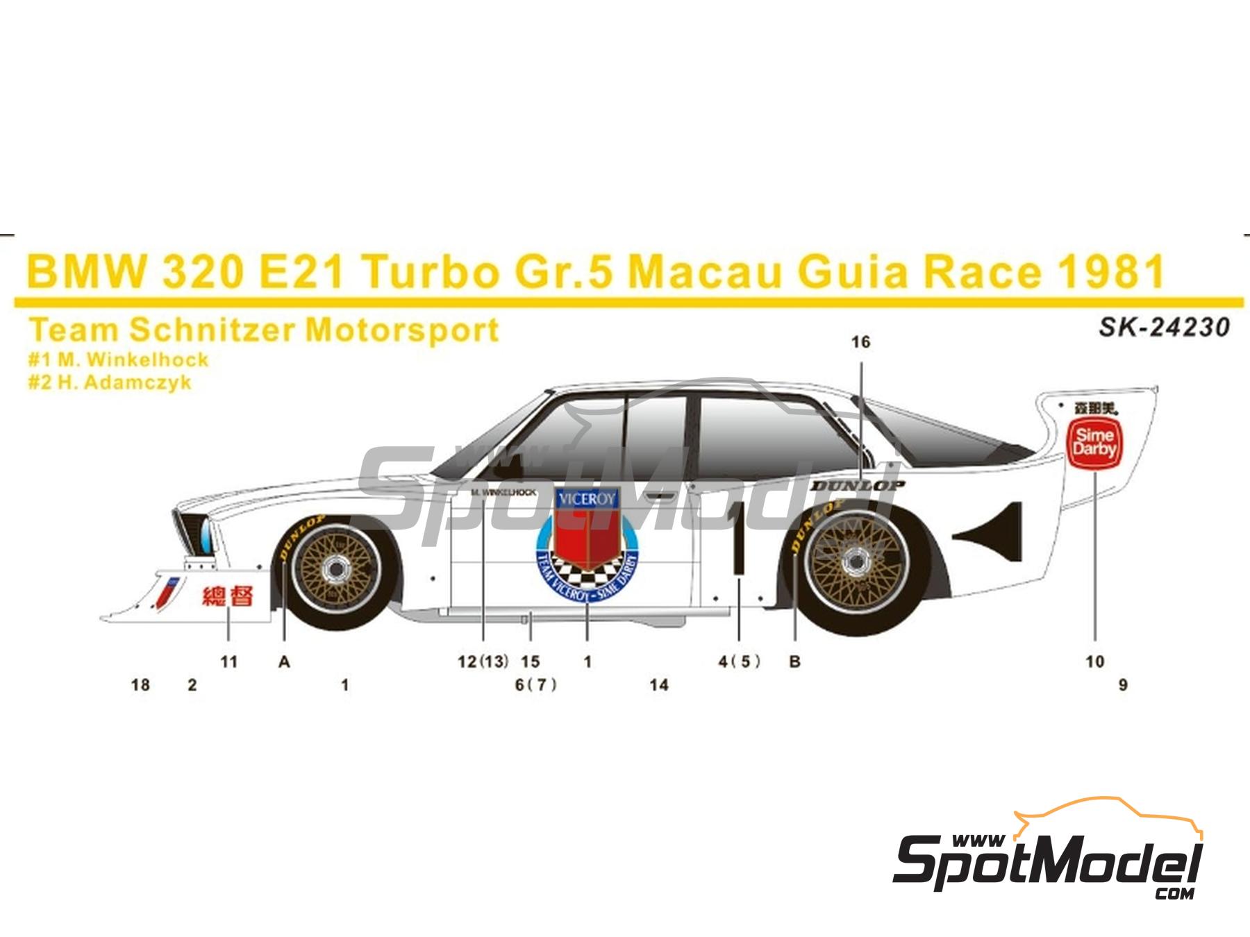 Image 2: BMW 320 E21 Turbo Group 5 Schnitzer Motorsport Team sponsored by Viceroy - Guia Race of Macau 1981 | Marking / livery in 1/24 scale manufactured by SK Decals (ref.&nbsp;SK-24230, also SK24230)