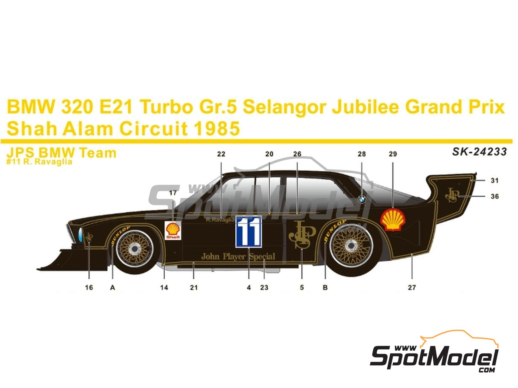 Image 2: BMW 320 E21 Turbo Group 5 sponsored by John Player Special - Selangor Jubilee Grand Prix 1985 | Marking / livery in 1/24 scale manufactured by SK Decals (ref.&nbsp;SK-24233, also SK24233)