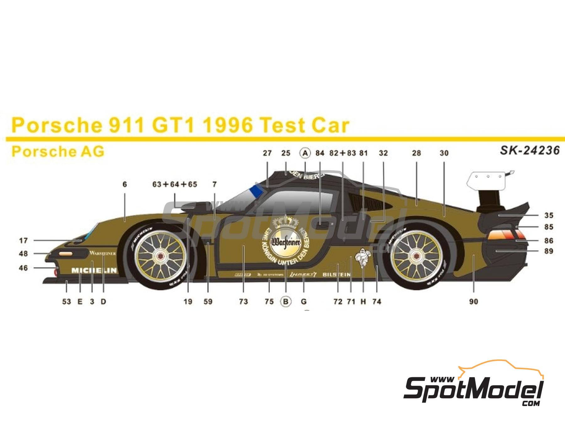 Image 1: Porsche 911 GT1 Equipo Porsche AG patrocinado por Warsteiner - Tests de las 24 Horas de Le Mans 1996 | Decoraci&oacute;n en escala&nbsp;1/24 fabricado por SK Decals (ref.&nbsp;SK-24236, tambien SK24236)