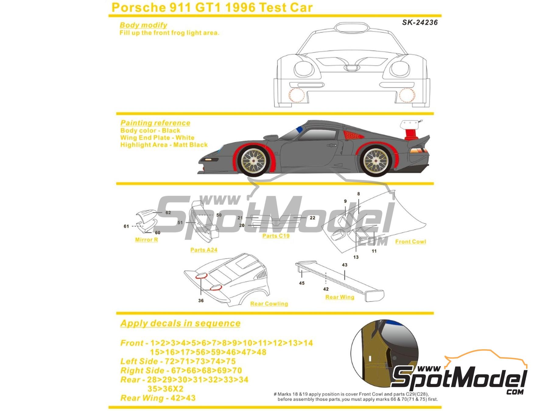Image 4: Porsche 911 GT1 Equipo Porsche AG patrocinado por Warsteiner - Tests de las 24 Horas de Le Mans 1996 | Decoraci&oacute;n en escala&nbsp;1/24 fabricado por SK Decals (ref.&nbsp;SK-24236, tambien SK24236)