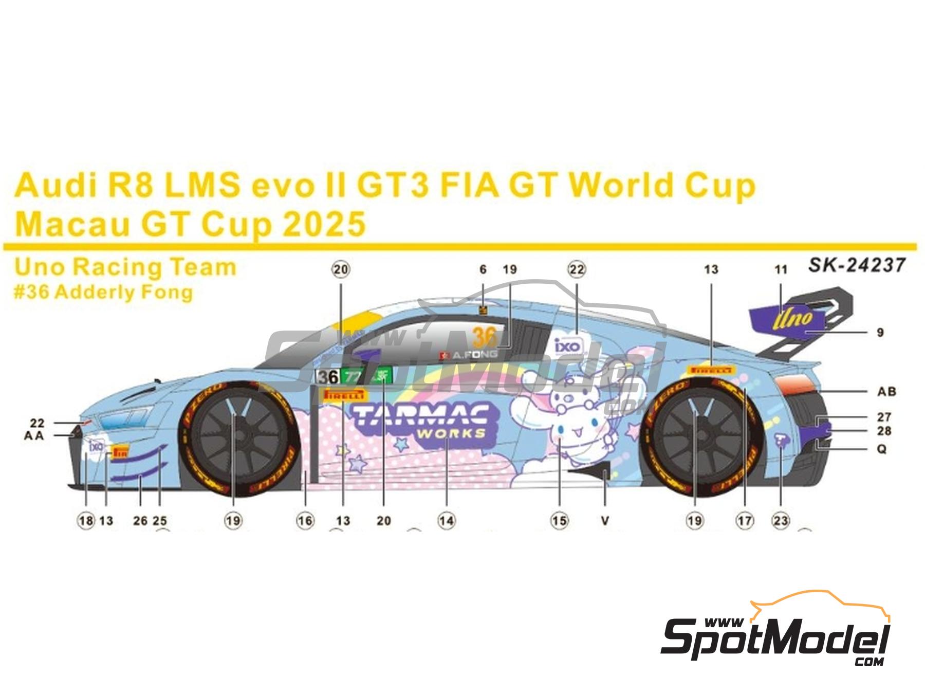 Image 1: Audi R8 LMS Evo II GT3 Equipo Uno Racing patrocinado por Tarmac Works, Cinnamoroll - Macau FIA GT World Cup Championship 2025 | Decoraci&oacute;n en escala&nbsp;1/24 fabricado por SK Decals (ref.&nbsp;SK-24237, tambien SK24237)