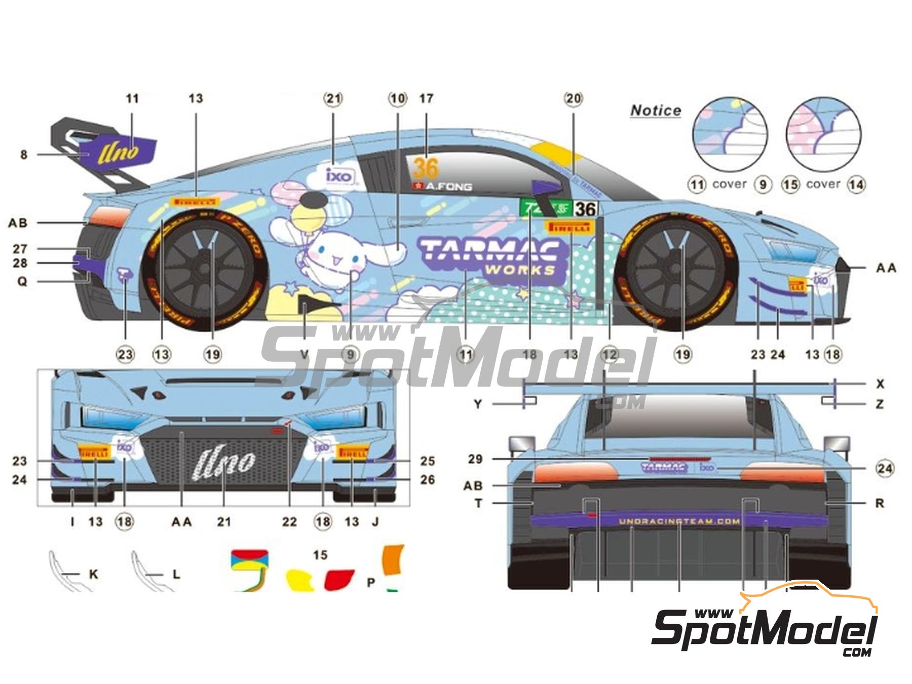 Image 3: Audi R8 LMS Evo II GT3 Equipo Uno Racing patrocinado por Tarmac Works, Cinnamoroll - Macau FIA GT World Cup Championship 2025 | Decoraci&oacute;n en escala&nbsp;1/24 fabricado por SK Decals (ref.&nbsp;SK-24237, tambien SK24237)