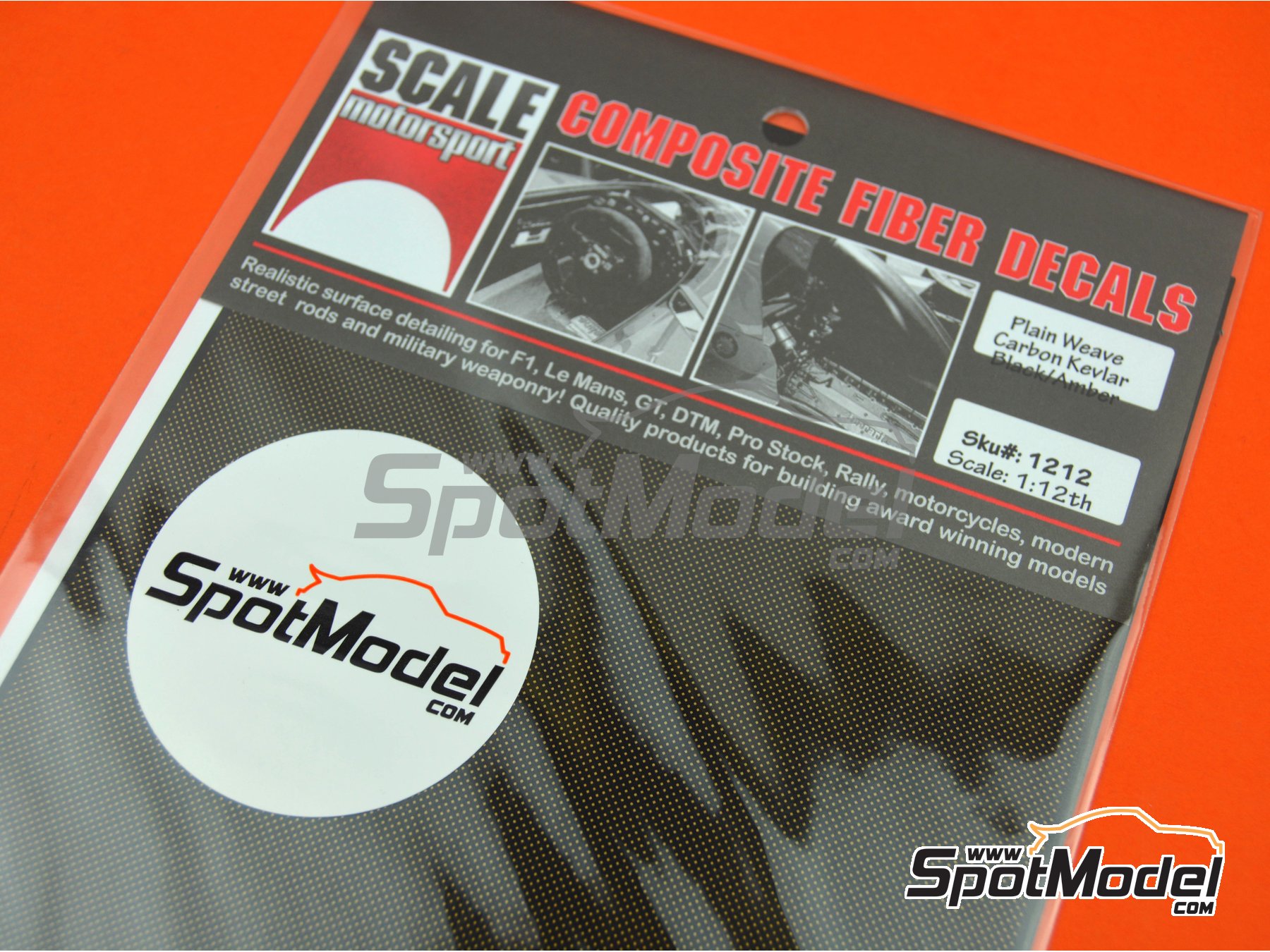 Image 1: Kevlar trama cuadrada ambar y negro con textura de tamaño super grande | Calca de trama de kevlar en escala 1/12 fabricado por Scale Motorsport (ref. SM1212, tambien 1212)