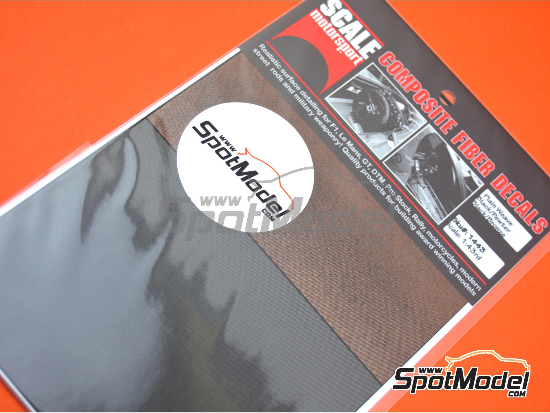 Image 1: Small size plain weave carbon fiber pattern in black, pewter and bronze tones | Carbon fiber decal in 1/43 scale manufactured by Scale Motorsport (ref.&nbsp;SM1443, also 1443)