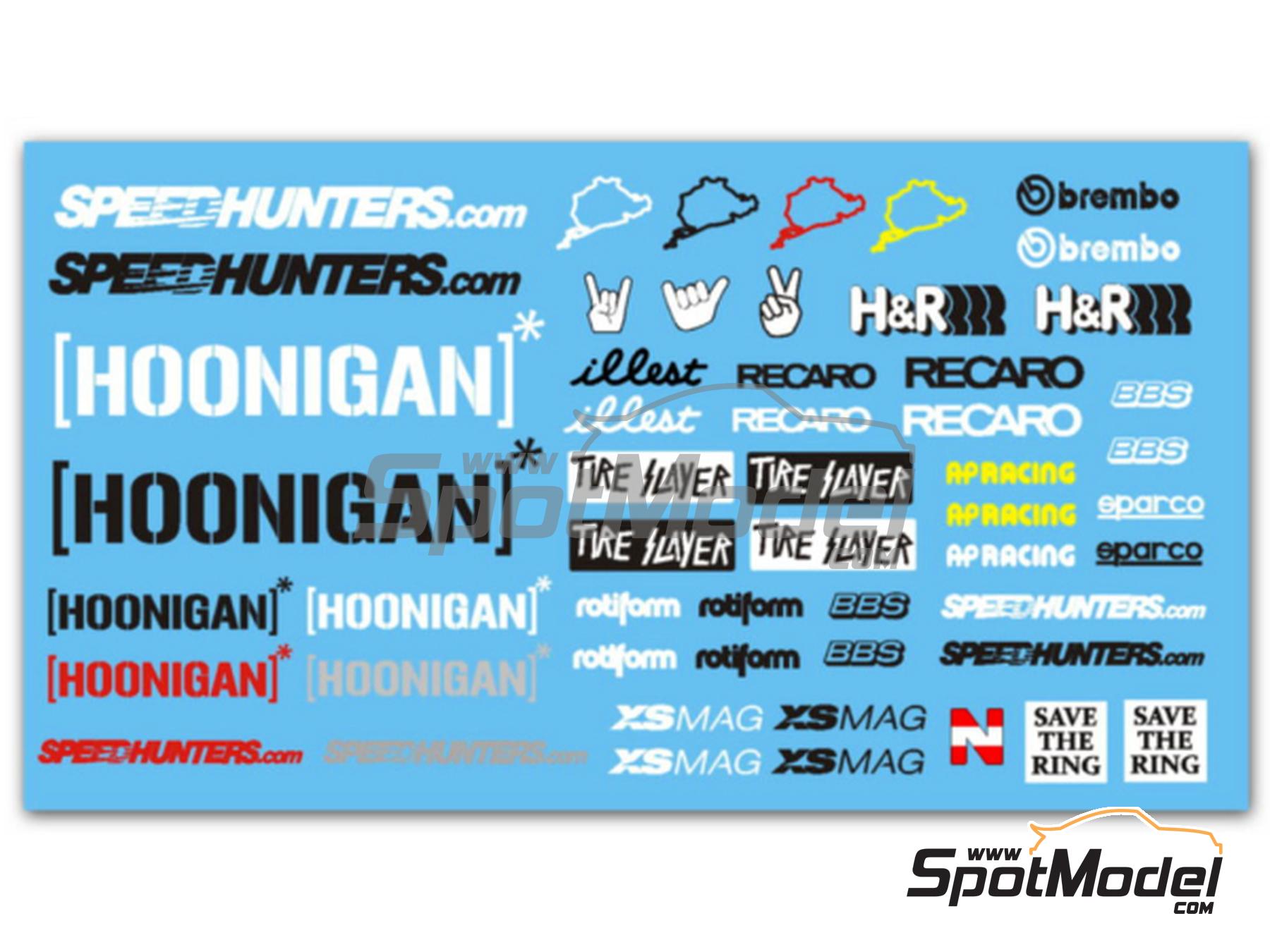 Image 1: Hoonigan, Speedhunters, Nürburgring Save the Ring, Illest, Recaro, Brembo, H&R, BBS, AP Racing, Rotiform, XS Mag, Tire Slayer | Logotipos en escala 1/24 fabricado por Scale Production (ref. SPD-SP2)