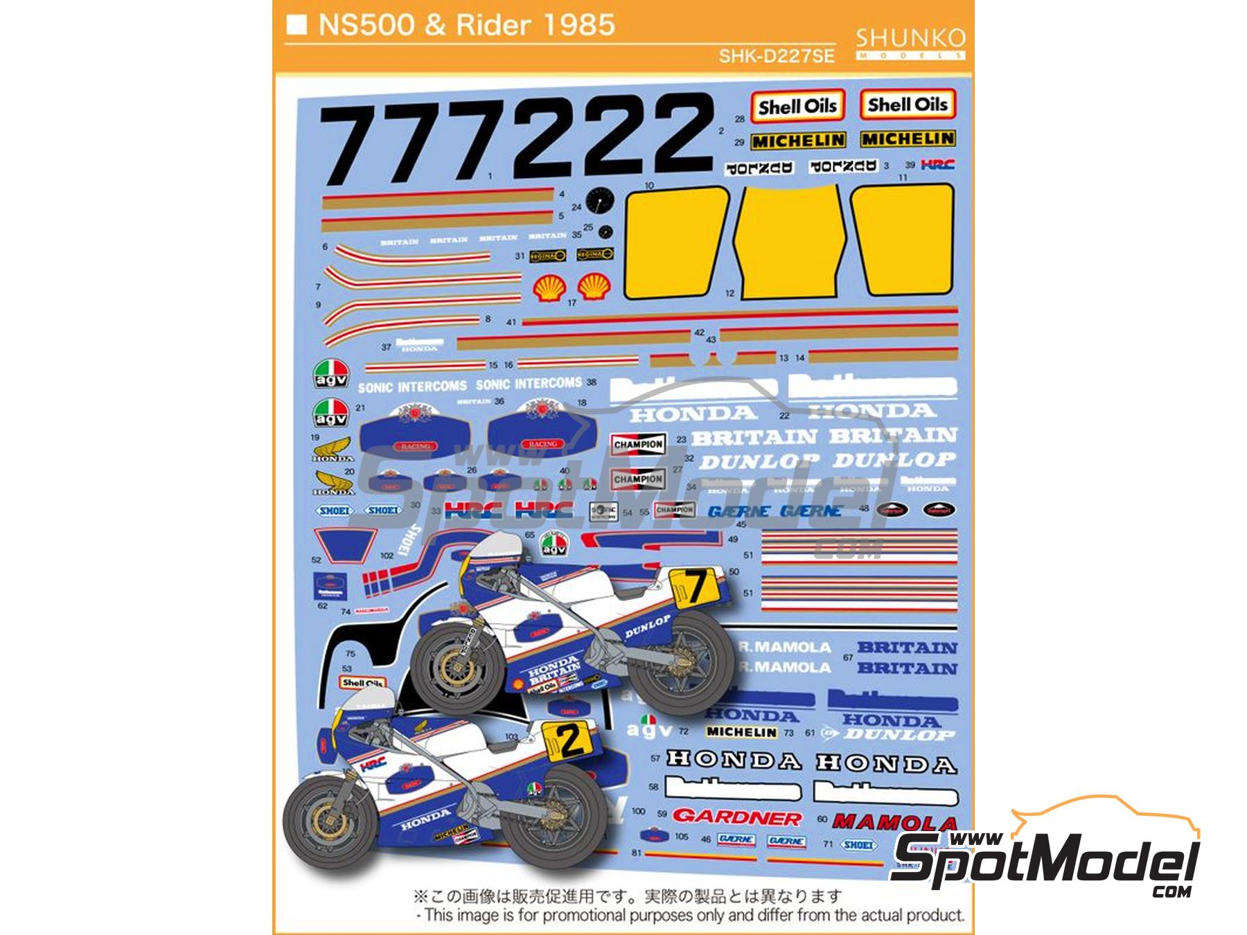 Image 1: Honda NS500 Equipo HRC patrocinado por Rothmans - Campeonato del Mundo de Motociclismo 1985 | Decoración en escala 1/12 fabricado por Shunko Models (ref. SHK-D227SE)