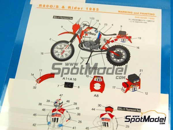 Image 1: BMW R80G/S + rider sponsored by Marlboro - Dakar Rally 1985 | Marking / livery in 1/12 scale manufactured by Shunko Models (ref.&nbsp;SHK-D230)