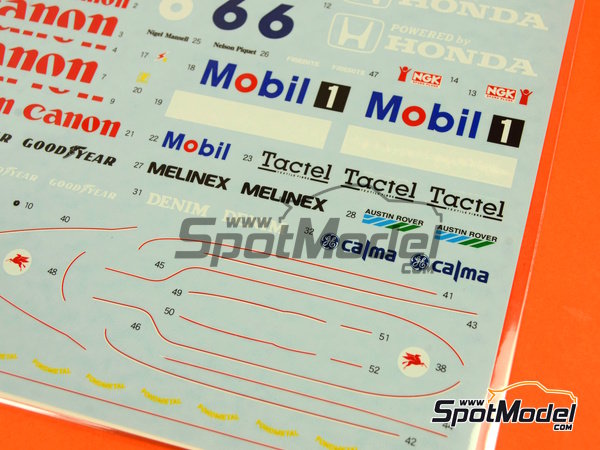 Image 2: Williams Honda FW11 Equipo Williams Grand Prix Engineering patrocinado por Canon Mobil1 - Campeonato del Mundo FIA de Formula 1 1986 | Decoración en escala 1/20 fabricado por Shunko Models (ref. SHK-D262)