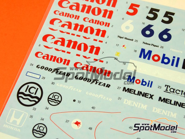 Image 3: Williams Honda FW11 Equipo Williams Grand Prix Engineering patrocinado por Canon Mobil1 - Campeonato del Mundo FIA de Formula 1 1986 | Decoración en escala 1/20 fabricado por Shunko Models (ref. SHK-D262)