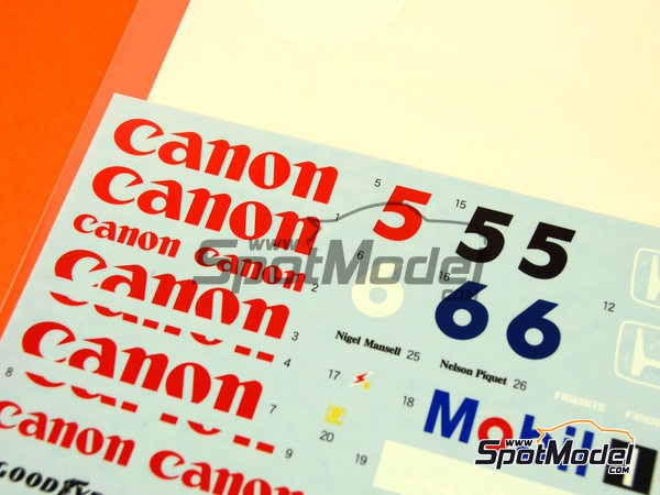 Image 4: Williams Honda FW11 Equipo Williams Grand Prix Engineering patrocinado por Canon Mobil1 - Campeonato del Mundo FIA de Formula 1 1986 | Decoración en escala 1/20 fabricado por Shunko Models (ref. SHK-D262)