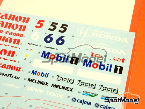 Image 5: Williams Honda FW11 Equipo Williams Grand Prix Engineering patrocinado por Canon Mobil1 - Campeonato del Mundo FIA de Formula 1 1986 | Decoración en escala 1/20 fabricado por Shunko Models (ref. SHK-D262)