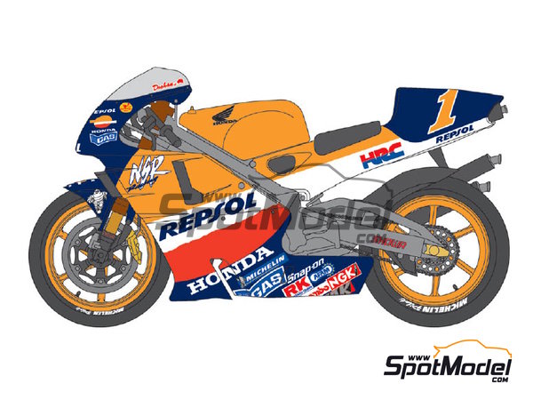 Image 1: Honda NSR500 Equipo HRC patrocinado por Repsol - Campeonato del Mundo de Motociclismo 1999 | Decoraci&oacute;n en escala&nbsp;1/12 fabricado por Shunko Models (ref.&nbsp;SHK-D276)