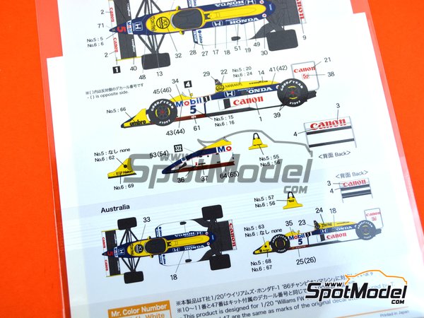 Image 4: Williams Honda FW11B Equipo Williams Grand Prix Engineering patrocinado por Canon Mobil1 - Campeonato del Mundo FIA de Formula 1 1987 | Decoraci&oacute;n en escala&nbsp;1/20 fabricado por Shunko Models (ref.&nbsp;SHK-D339)