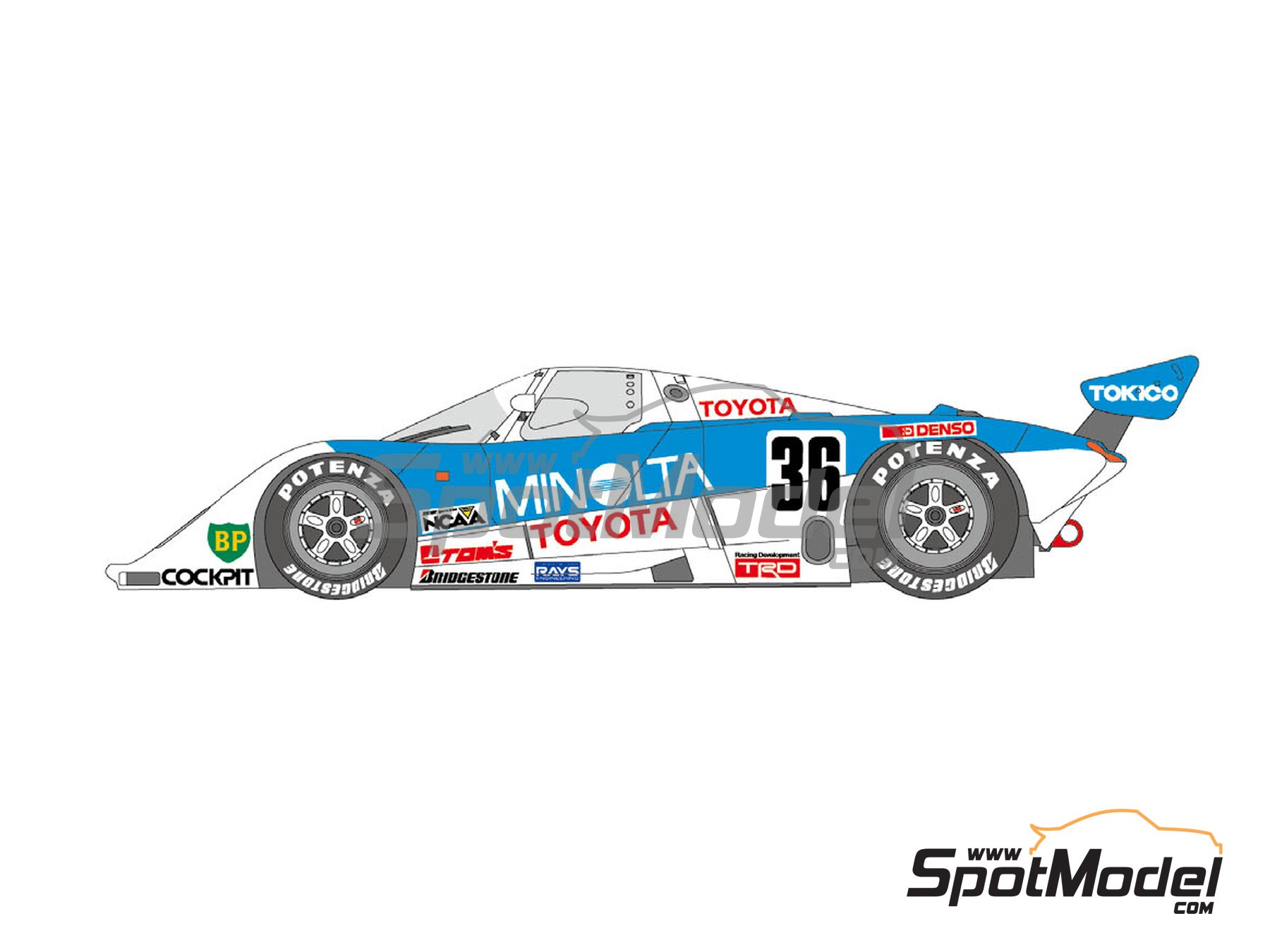 Image 1: Minolta Toyota 88C-V Equipo Tom's patrocinado por Minolta - Campeonato Japon&eacute;s de Sport Prototipos (JSPC) 1988 | Decoraci&oacute;n en escala&nbsp;1/24 fabricado por Shunko Models (ref.&nbsp;SHK-D407)
