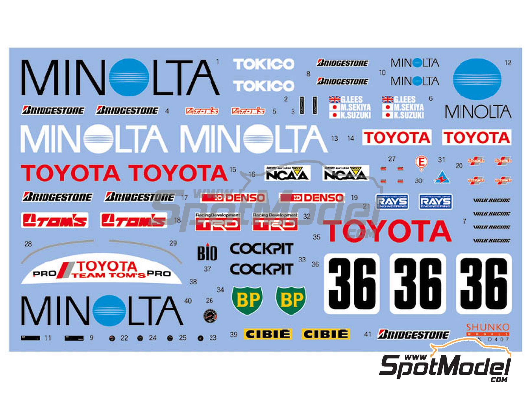Image 3: Minolta Toyota 88C-V Equipo Tom's patrocinado por Minolta - Campeonato Japon&eacute;s de Sport Prototipos (JSPC) 1988 | Decoraci&oacute;n en escala&nbsp;1/24 fabricado por Shunko Models (ref.&nbsp;SHK-D407)