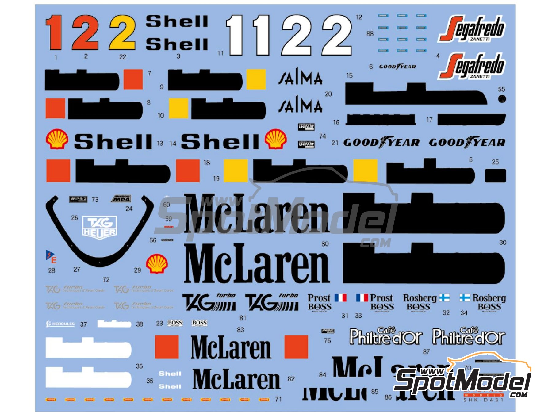 Image 3: McLaren TAG Porsche MP4/2C Equipo McLaren Racing Limited patrocinado por Marlboro - Gran Premio de Fórmula 1 de Australia, Gran Premio de Fórmula 1 de Portugal 1986 | Decoración en escala 1/20 fabricado por Shunko Models (ref. SHK-D431)