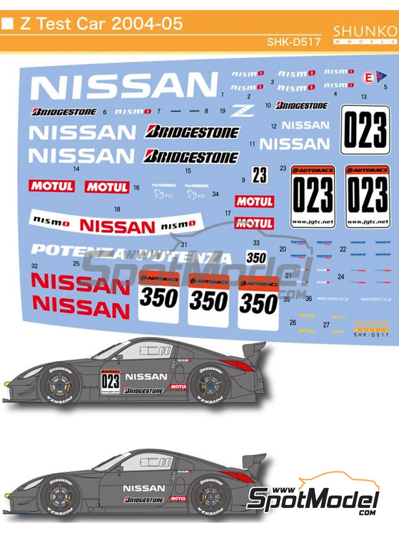 Nissan Fairlady Z Equipo Nismo patrocinado por Bridgestone Potenza - Test Campeonato Japonés de GTs (JGTC) 2004 y 2005 | Decoración en escala 1/24 fabricado por Shunko Models (ref. SHK-D517) image