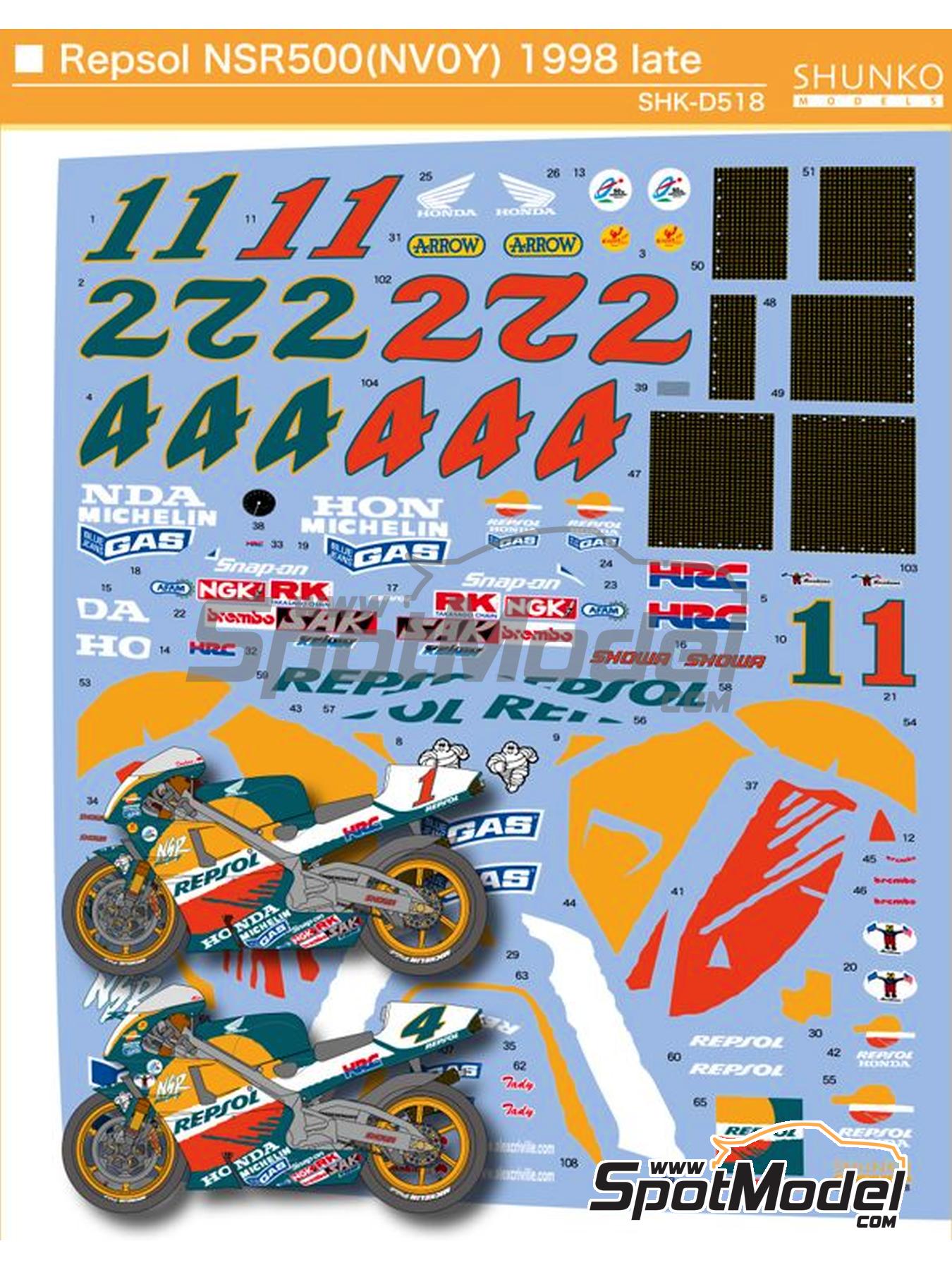 Honda NSR500 Equipo HRC patrocinado por Repsol - Campeonato del Mundo de Motociclismo 1998 | Decoración en escala 1/12 fabricado por Shunko Models (ref. SHK-D518) image