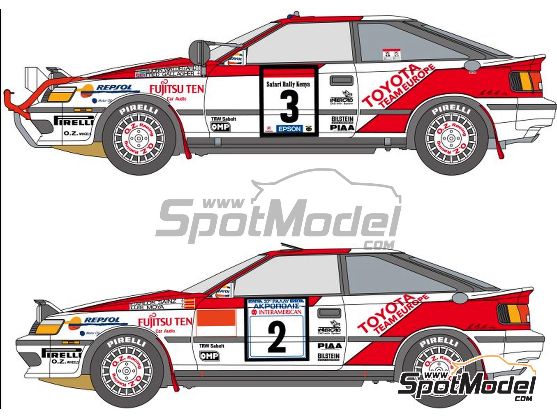 Image 1: Toyota Celica GT-Four ST165 Grupo A Equipo Toyota Team Europe TTE patrocinado por Repsol, Fujitsu Ten - Rally de Acropolis, Rally Safari 1990 | Decoración en escala 1/24 fabricado por Shunko Models (ref. SHK-D519)
