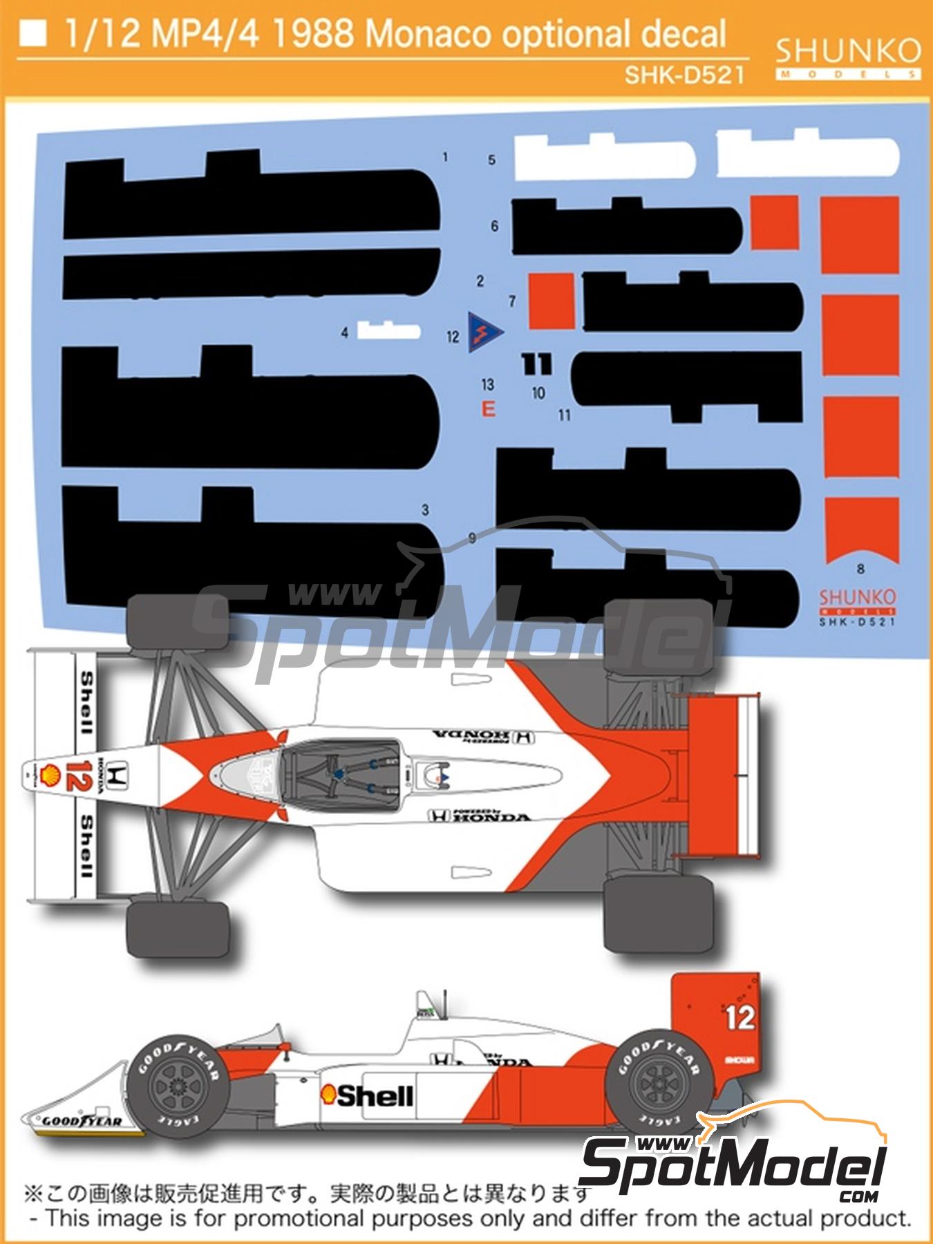 McLaren Honda MP4/4 Equipo McLaren Racing Limited patrocinado por Marlboro -  1988 | Decoración en escala 1/12 fabricado por Shunko Models (ref. SHK-D521) image