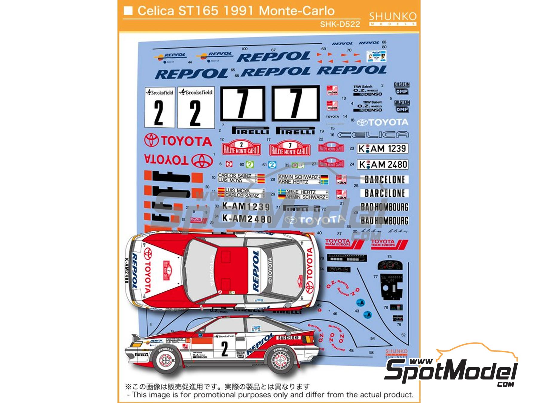 Image 2: Toyota Celica GT-Four ST165 Grupo A Equipo Toyota Team Europe TTE patrocinado por Repsol, Marlboro - Rally de Monte Carlo - Rallye Automobile de Monte-Carlo 1991 | Decoraci&oacute;n en escala&nbsp;1/24 fabricado por Shunko Models (ref.&nbsp;SHK-D522)