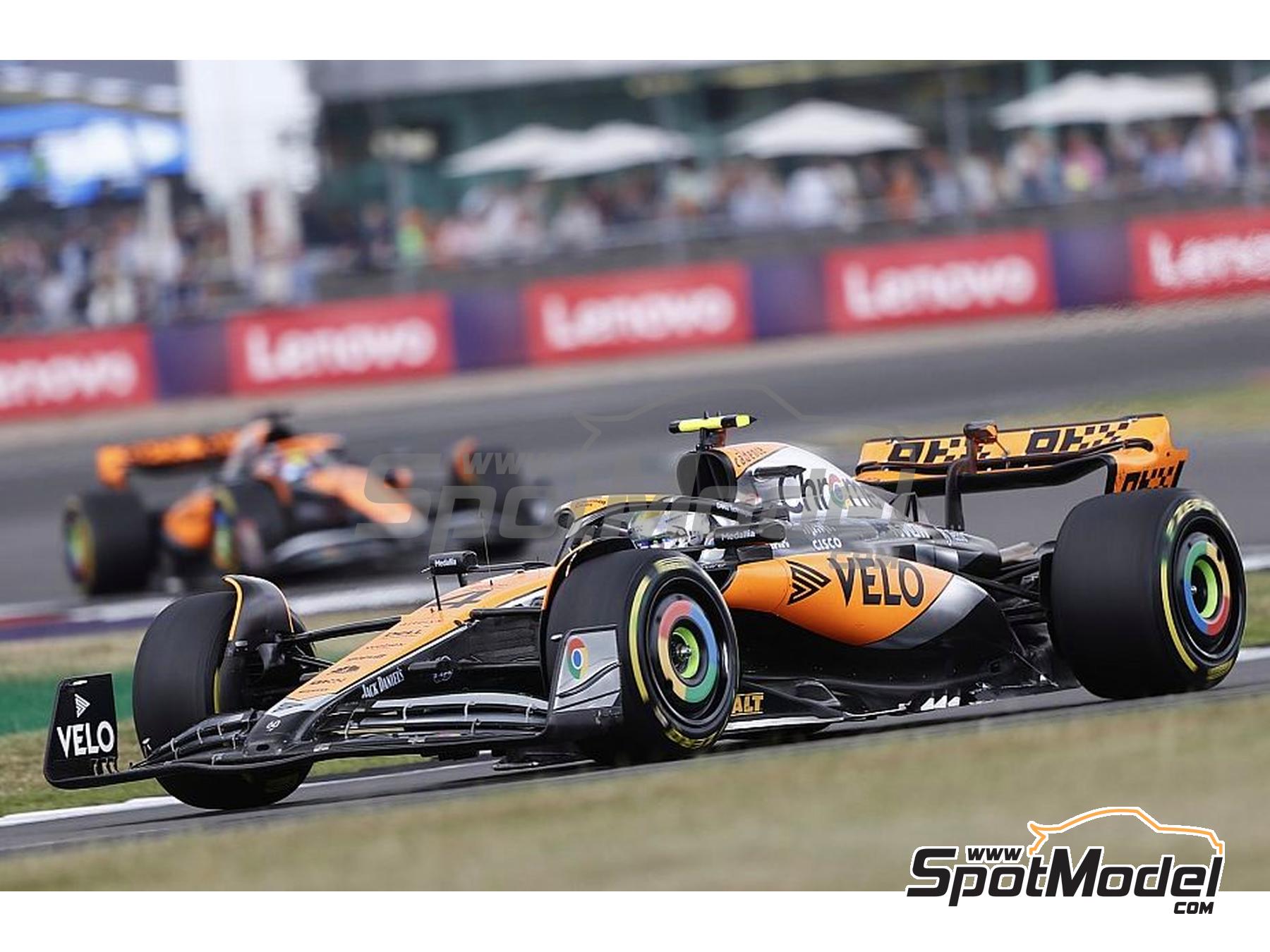 Image 1: McLaren Mercedes MCL60 McLaren F1 Team sponsored by Chrome, Velo - British Formula 1 Grand Prix 2023 | Diecast model car in 1/18 scale manufactured by Solido (ref. DIE-59950, also 3663506036569 and S1811201)