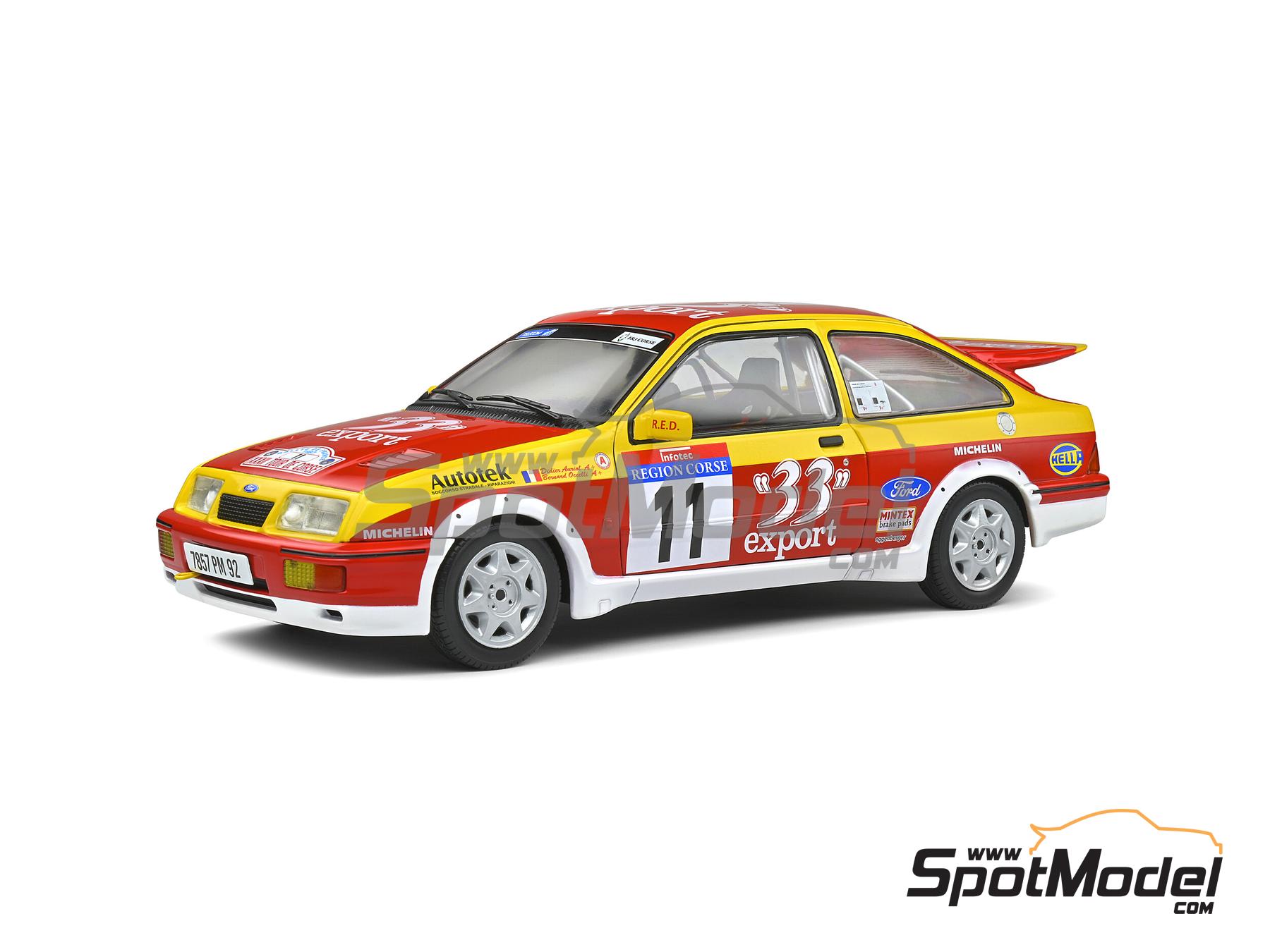 Image 1: Ford Sierra RS Cosworth Group A Ford France Team sponsored by 33 Export - Tour de Corse Rallye de France 1987 | Diecast model car in 1/18 scale manufactured by Solido (ref.&nbsp;DIE-60722, also 3663506012150 and S1806103)
