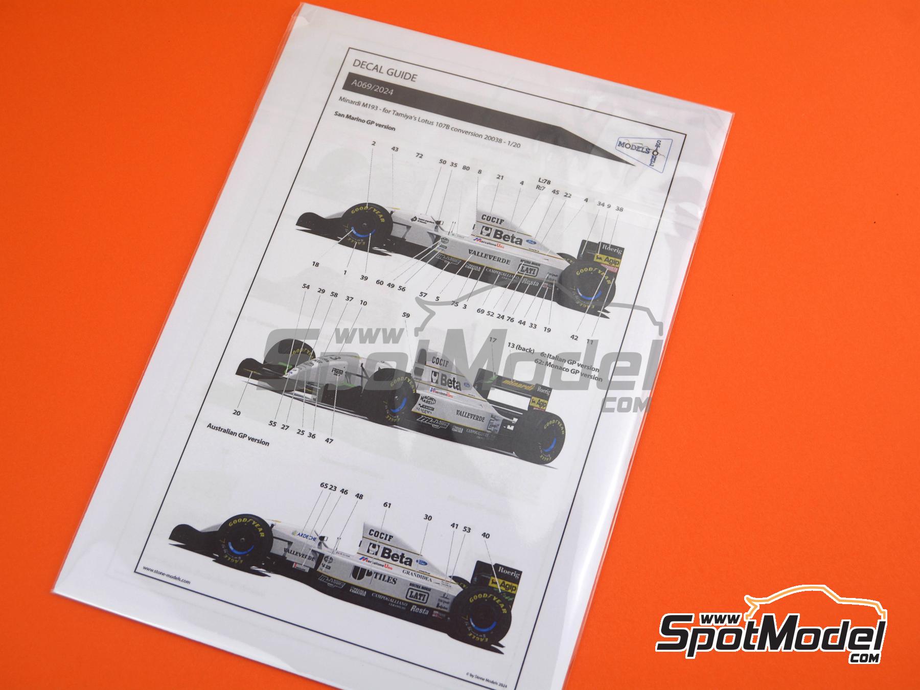Image 6: Minardi Ford M193 patrocinado por Beta, Valleverde - Campeonato del Mundo FIA de Formula 1 1993 | Decoraci&oacute;n en escala&nbsp;1/20 fabricado por Stone Models (ref.&nbsp;A069-2024, tambien A069/2024)