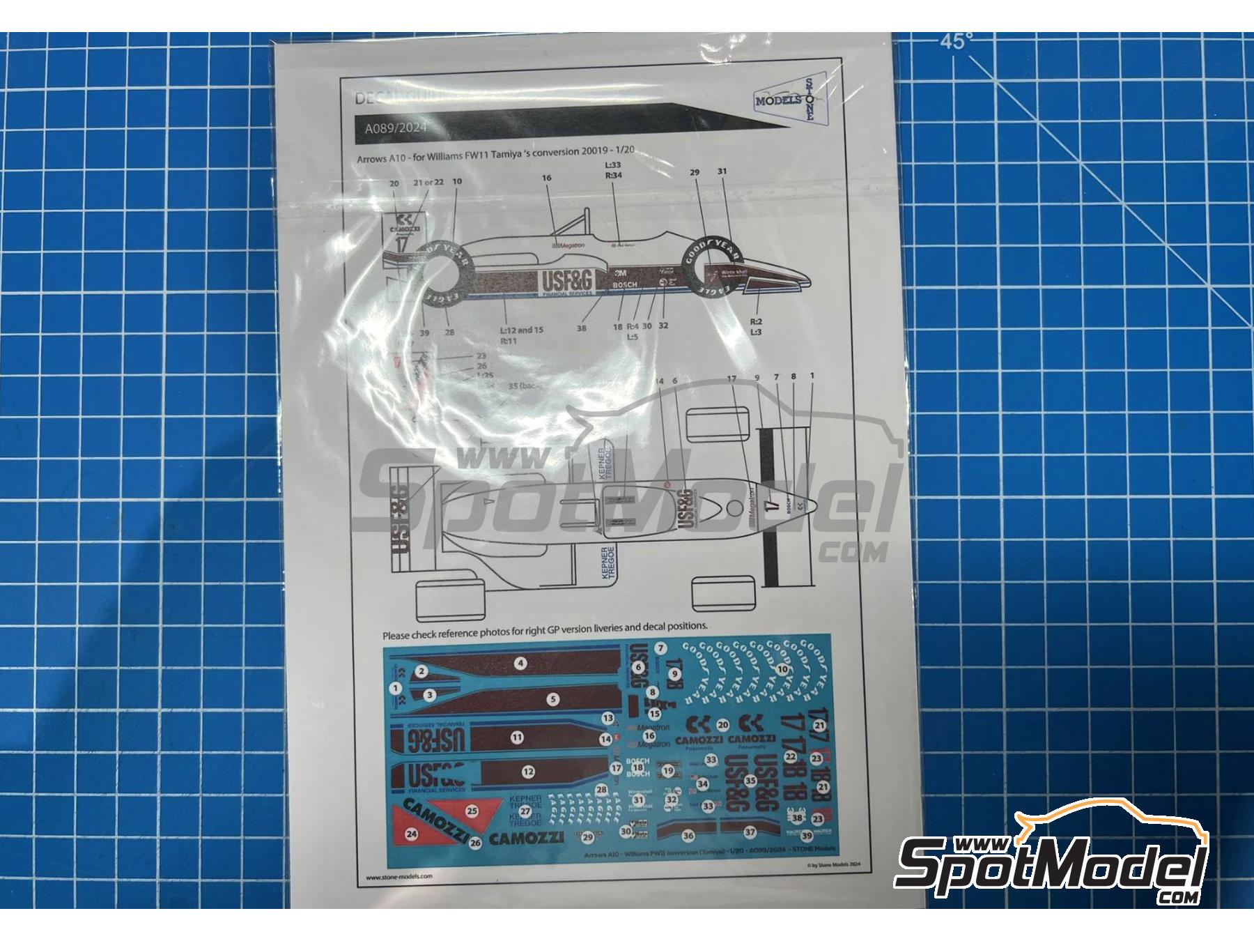 Image 2: Arrows Megatron A10 sponsored by USF&G, Camozzi - FIA Formula 1 World Championship 1987 | Marking / livery in 1/20 scale manufactured by Stone Models (ref. A089-2024, also A089/2024)