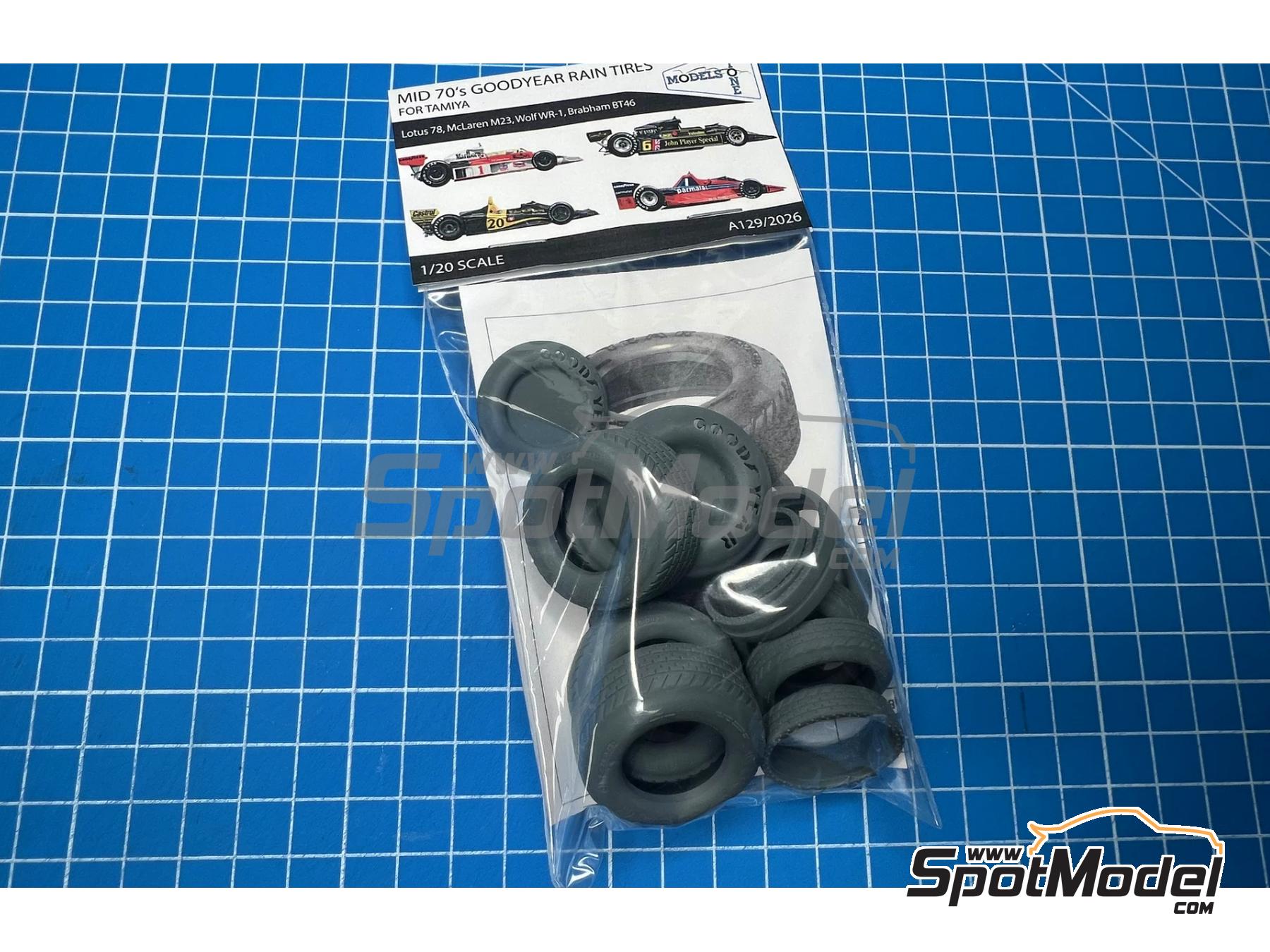 Image 1: Goodyear Rain Tires (1974-1978) for Tamiya | Tyre set in 1/20 scale manufactured by Stone Models (ref.&nbsp;A129-2026, also A129/2026)