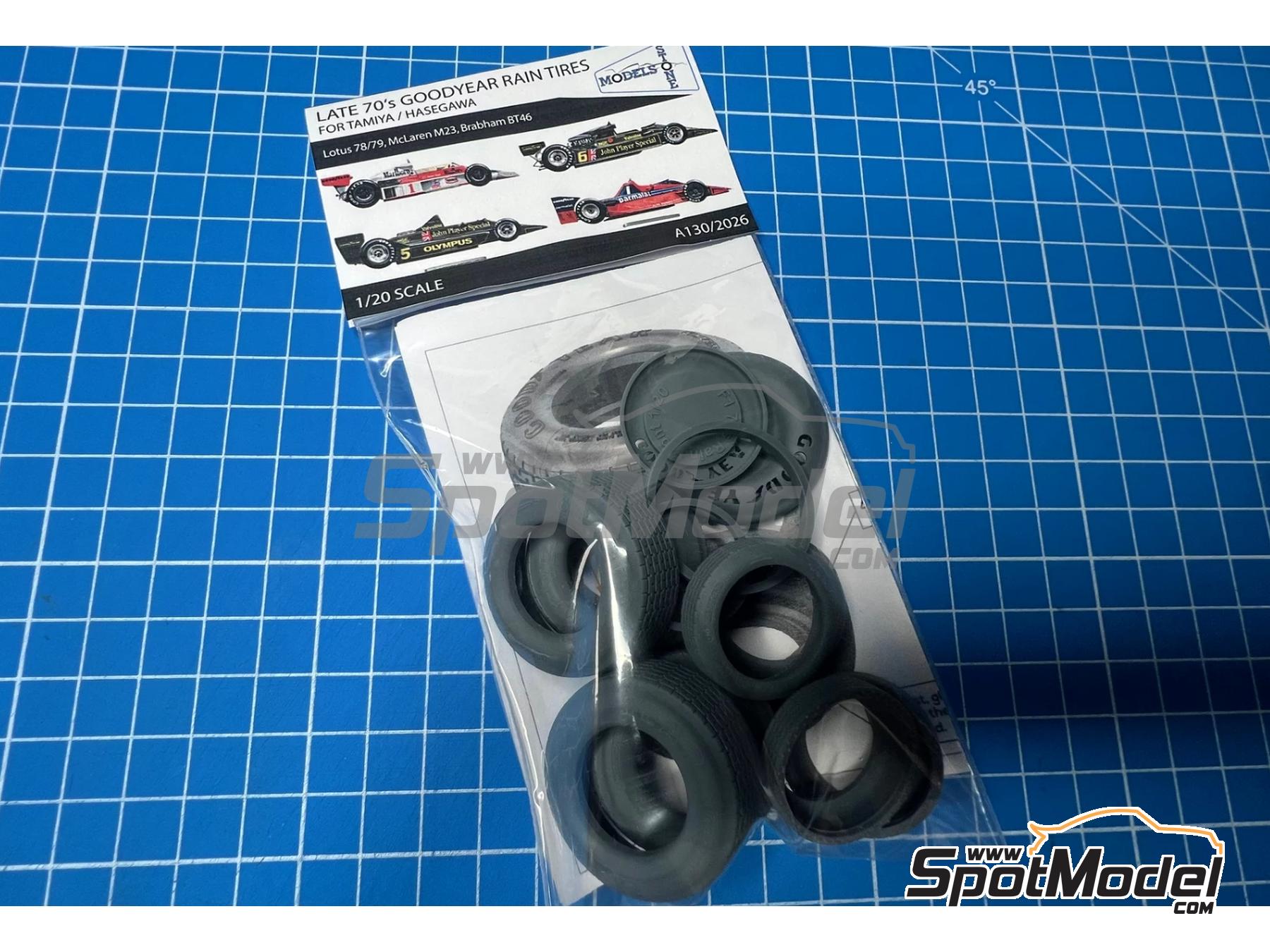 Image 1: Goodyear Rain Tires (1978-1979) for Tamiya/Hasegawa | Tyre set in 1/20 scale manufactured by Stone Models (ref.&nbsp;A130-2026, also A130/2026)