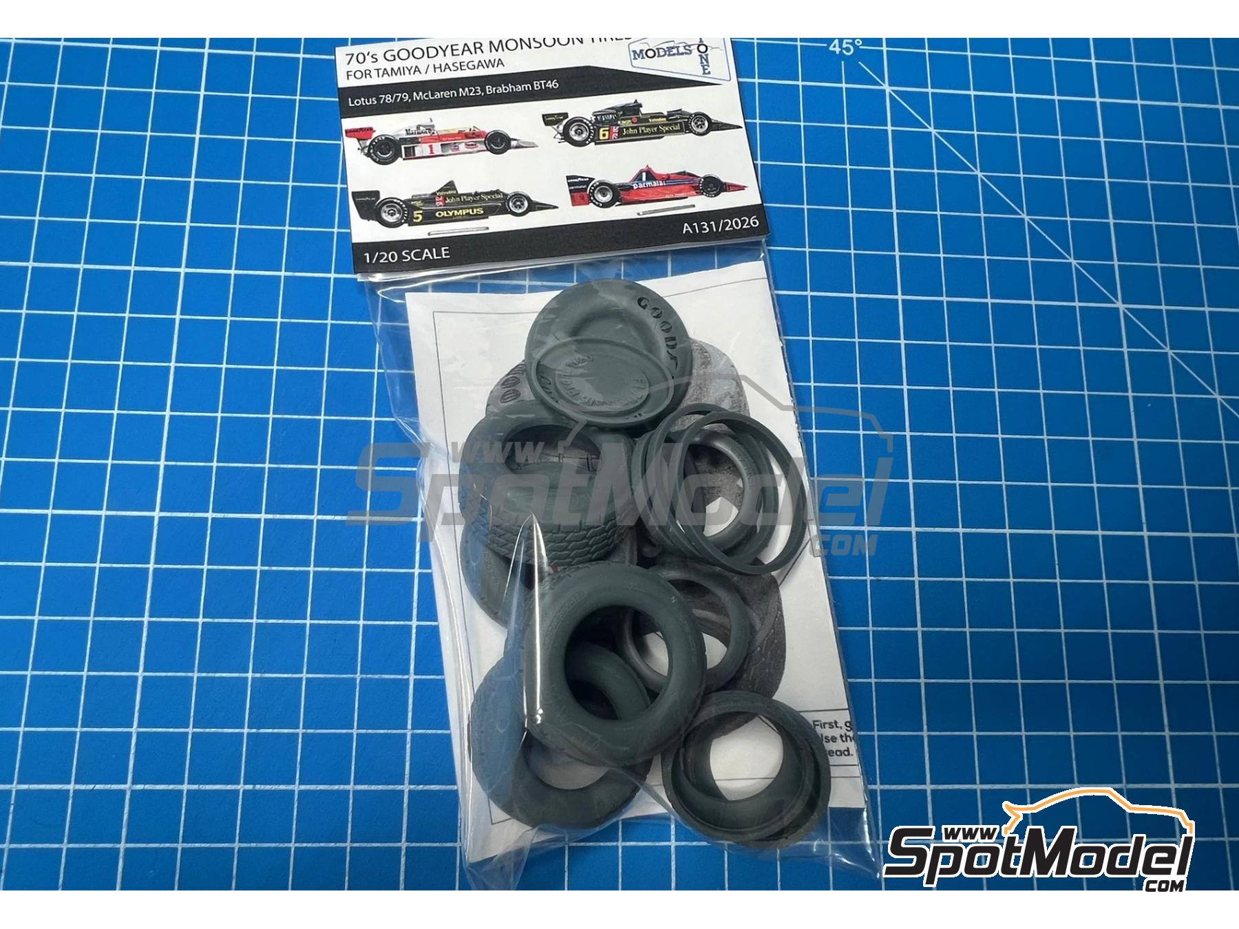 Image 1: Goodyear Monsoon Tires (70's) for Tamiya/Hasegawa | Tyre set in 1/20 scale manufactured by Stone Models (ref.&nbsp;A131-2026, also A131/2026)