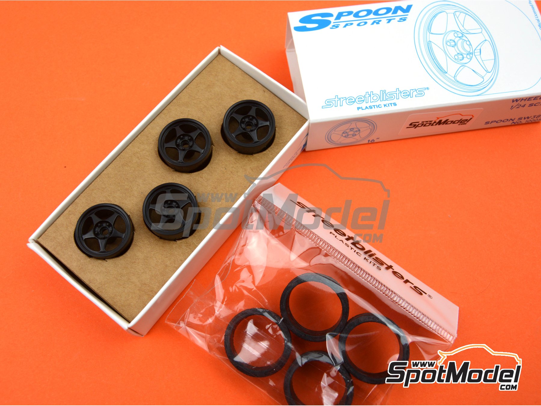 Image 13: Spoon Sports SW388 16 pulgadas | Set de llantas y neumáticos en escala 1/24 fabricado por StreetBlisters (ref. SB-10005, tambien 10005)