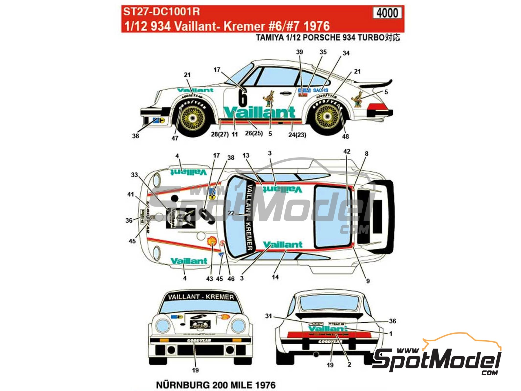 Porsche 934 Turbo RSR Group 4 Kremer Racing Team sponsored by Vaillant -  Dijon 6 hours, 200 Miles Norisring 1976. Marking / livery in 1/12 scale  manuf