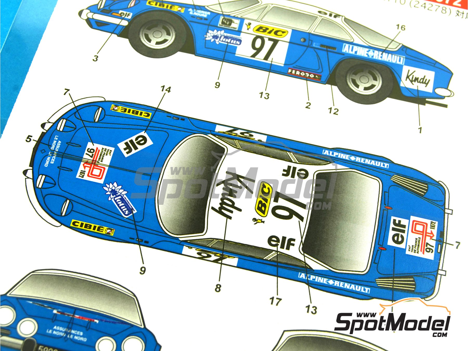 Alpine Renault A110 sponsored by BIC - Tour de France Automobile 1972.  Marking / livery in 1/24 scale manufactured by Studio27 (ref. ST27-DC1034,  also