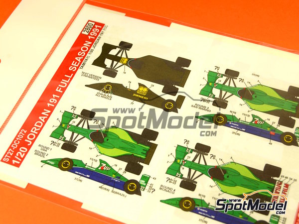 Image 2: Jordan Ford J191 Jordan Grand Prix Team sponsored by 7UP Fujifilm Pepsi - FIA Formula 1 World Championship 1991 | Marking / livery in 1/20 scale manufactured by Studio27 (ref.&nbsp;ST27-DC1072, also 4545310010722 and DC1072)