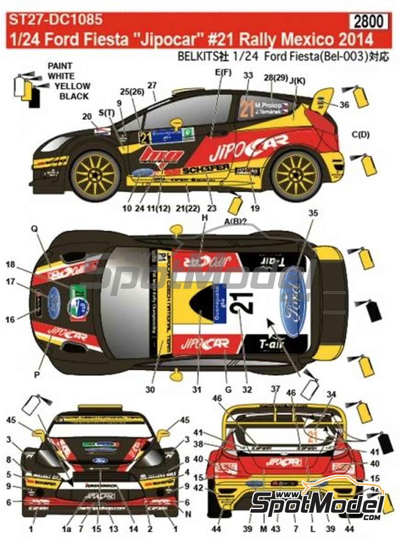 Studio27 DC1085: Marking / livery 1/24 scale - Ford Fiesta RS WRC sponsored  by Jipocar #21 - Martin Prokop (CZ) + Jan Tománek (CZ) - Rally Guanajuato  Mexico 2014 - for Belkits reference BEL-003 (ref. ST27-DC1085) | SpotModel