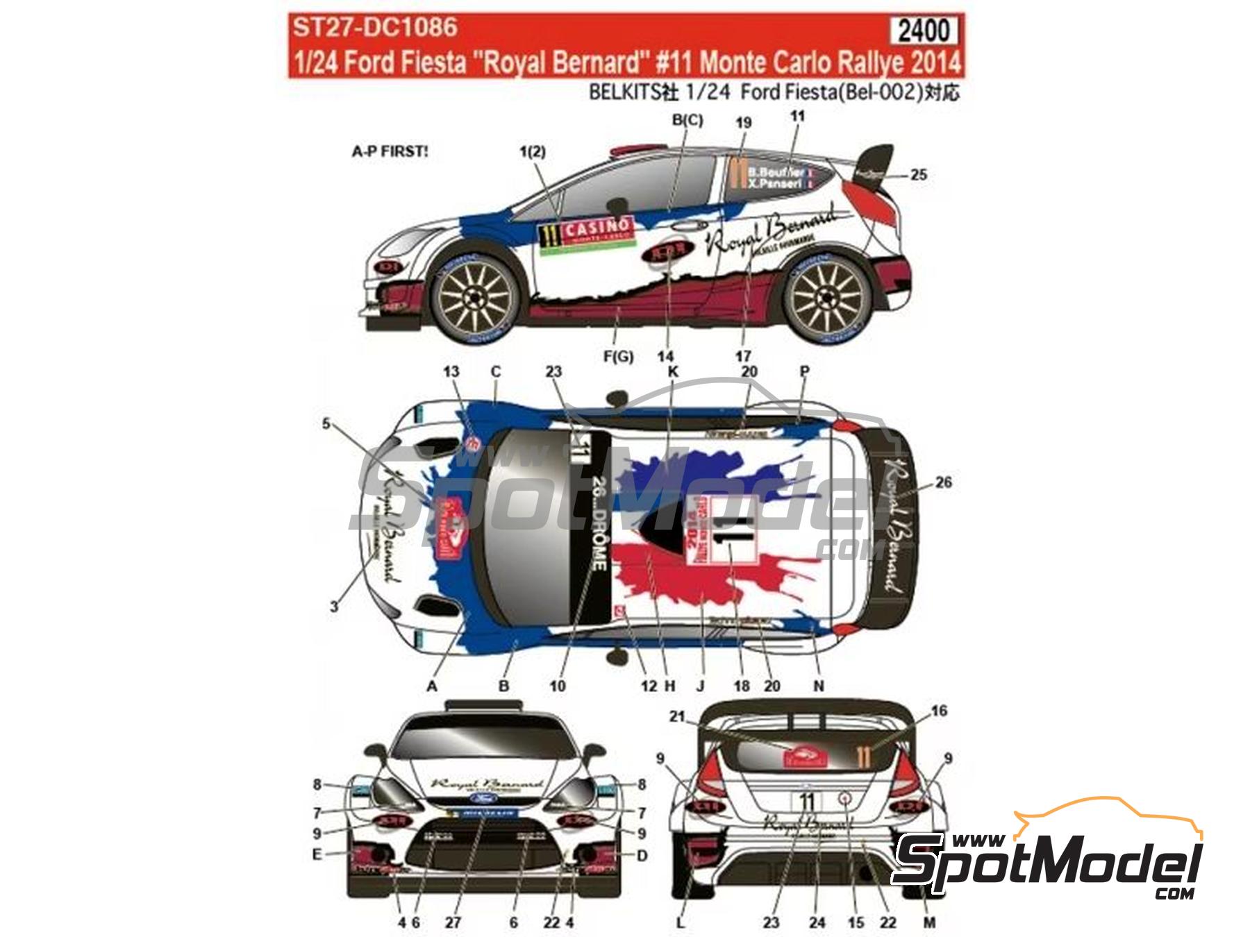 Image 1: Ford Fiesta RS WRC Equipo M-Sport patrocinado por Royal Bernard - Rally de Monte Carlo - Rallye Automobile de Monte-Carlo 2014 | Decoraci&oacute;n en escala&nbsp;1/24 fabricado por Studio27 (ref.&nbsp;ST27-DC1086, tambien 4545310011477 y DC1086)