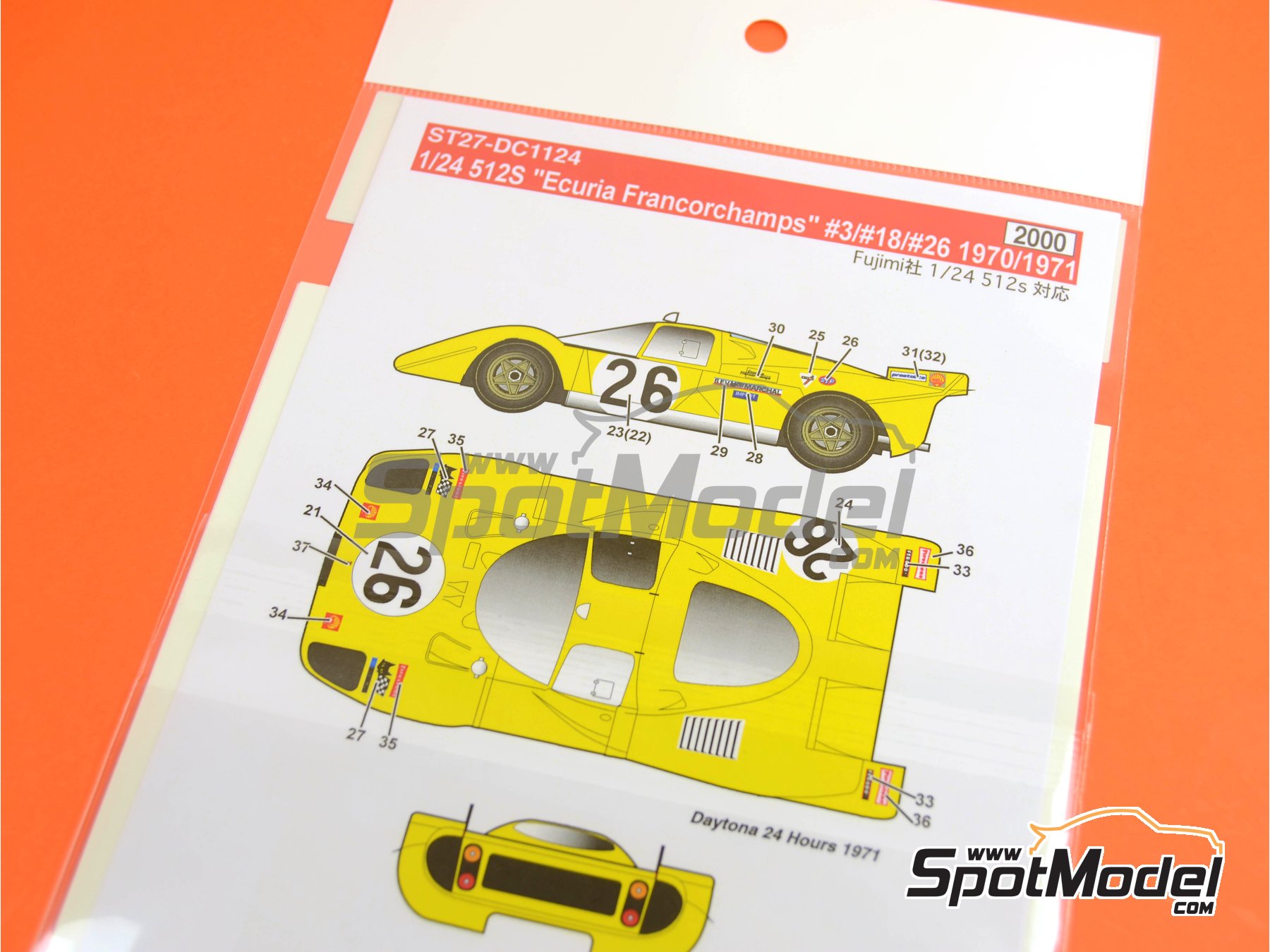 Image 1: Ferrari 512S sponsored by Ecuria Francorchamps - 1000 Kms Buenos Aires, 24 Hours of Daytona, 500 Km Kyalami 1970 and 1971 | Marking / livery in 1/24 scale manufactured by Studio27 (ref.&nbsp;ST27-DC1124, also 4545310012672 and DC1124)
