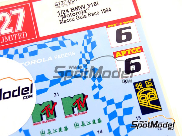 Image 4: BMW 318i sponsored by Motorola Pagers Racing - Guia Race of Macau 1994 | Marking / livery in 1/24 scale manufactured by Studio27 (ref.&nbsp;ST27-DC1127, also 4545310012863 and DC1127)