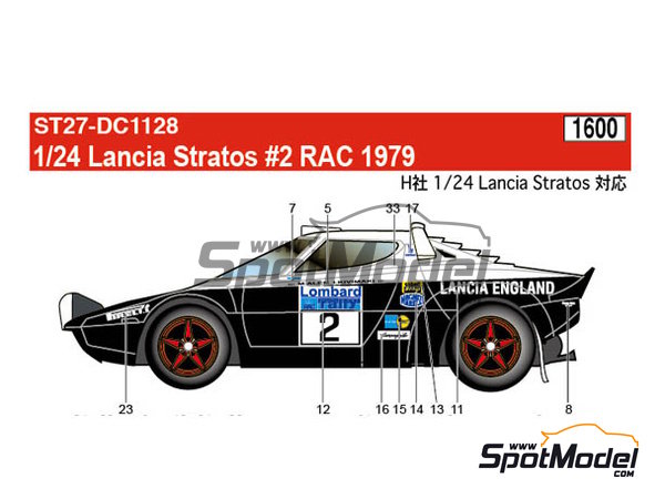 Image 1: Lancia Stratos HF patrocinado por Lancia England - Rally de Inglaterra RAC 1979 | Decoraci&oacute;n en escala&nbsp;1/24 fabricado por Studio27 (ref.&nbsp;ST27-DC1128, tambien 4545310012894 y DC1128)