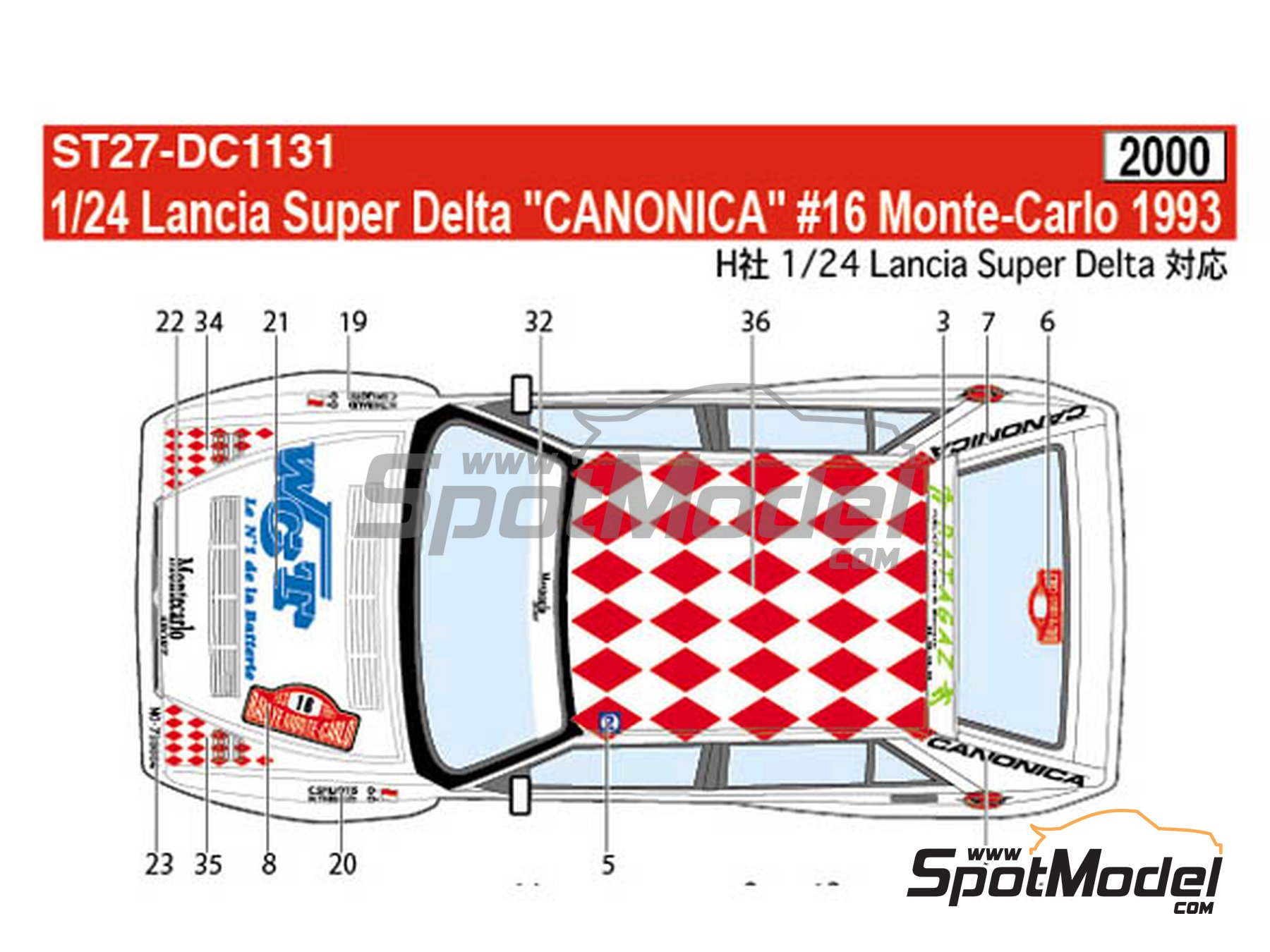 Image 1: Lancia Super Delta Deltona HF Integrale sponsored by Canonica - Monte Carlo Rally - Rallye Automobile de Monte-Carlo 1993 | Marking / livery in 1/24 scale manufactured by Studio27 (ref. ST27-DC1131, also 4545310012948 and DC1131)